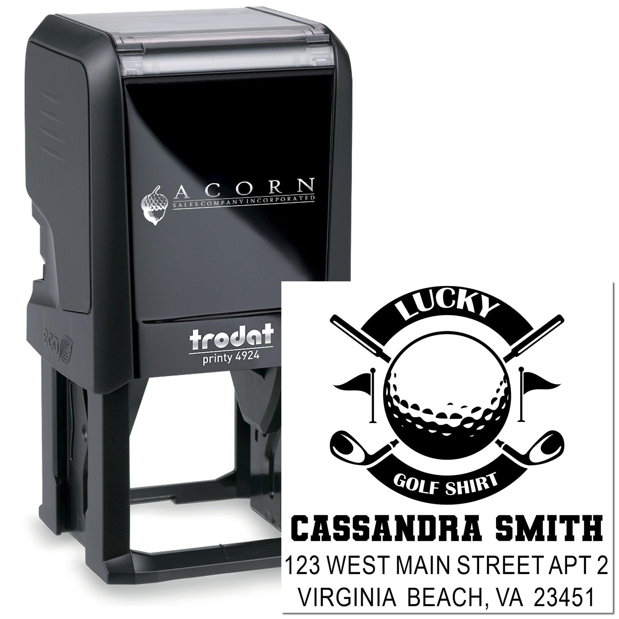 Custom self-inking rubber stamp with golf-themed design, Cassandra Smith name, and Virginia Beach address by Trodat Printy 4924.