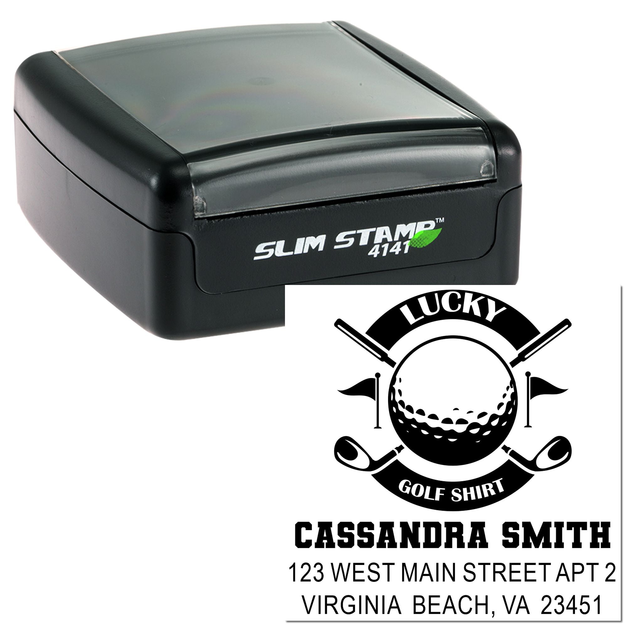 Custom self-inking rubber stamp with golf shirt design and personalized name and address for mailing, branding, or stationery.