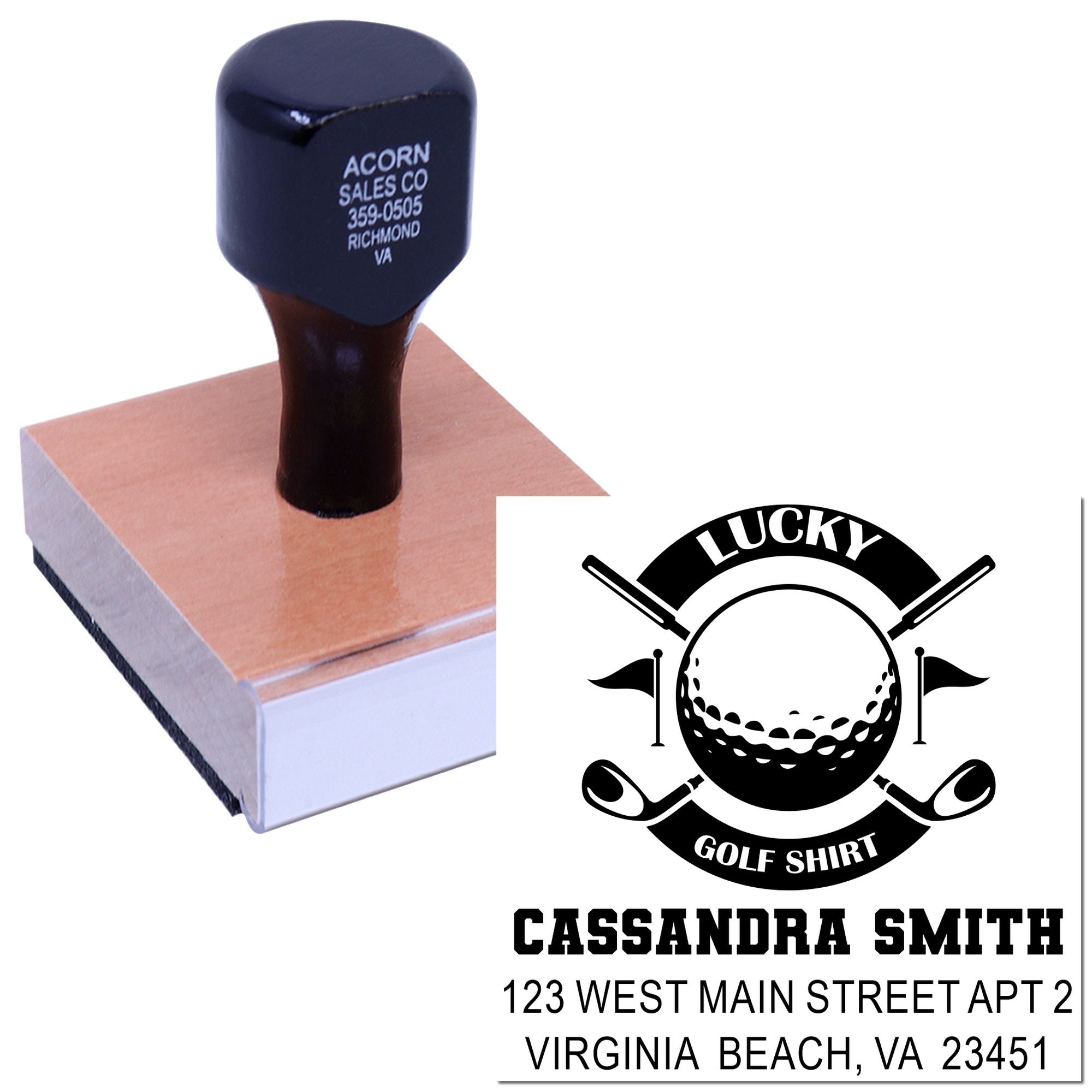 Custom self-inking rubber stamp with golf shirt logo and return address imprint for personalized mailing or business use.