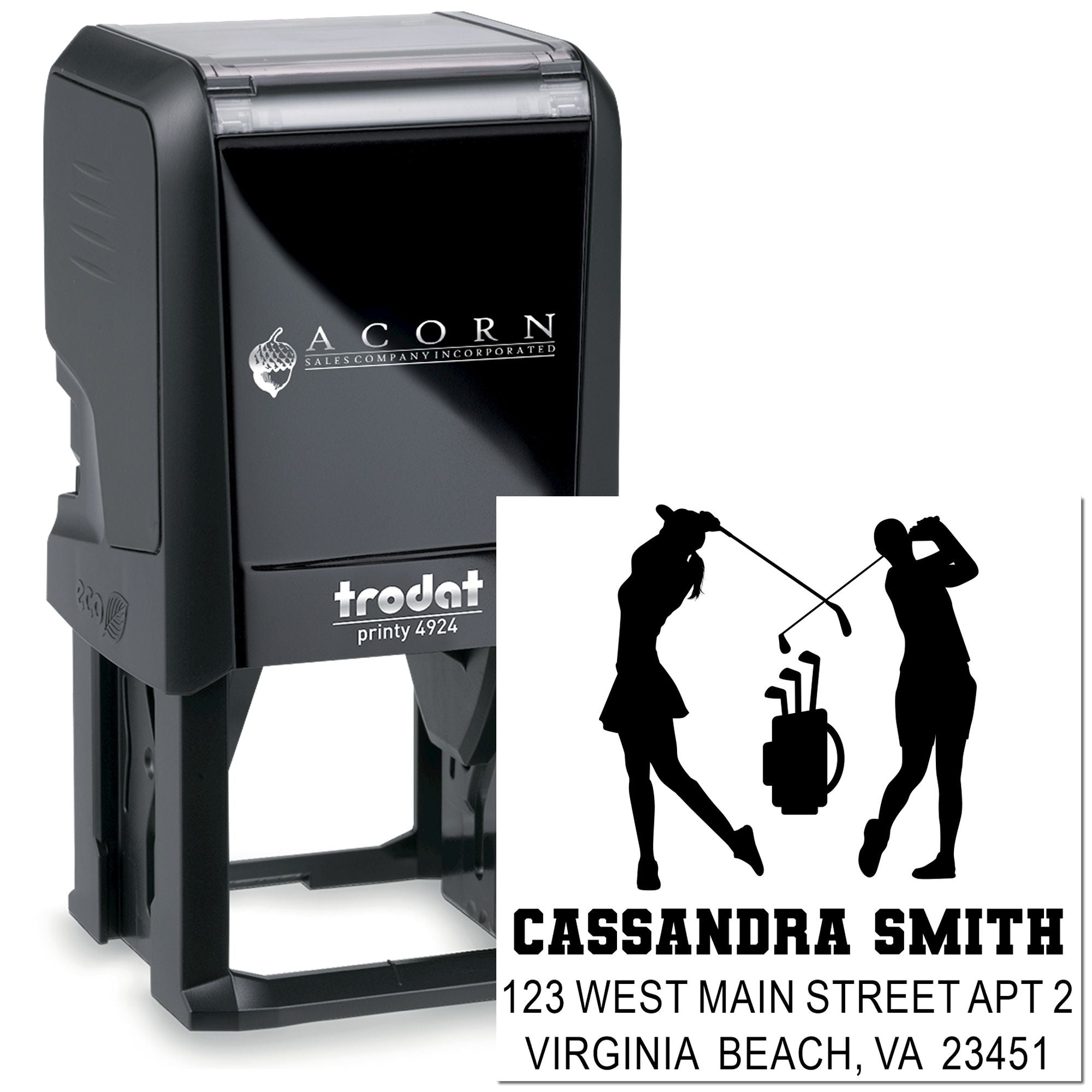 Custom self-inking return address rubber stamp with golfer design, name, and personalized imprint preview