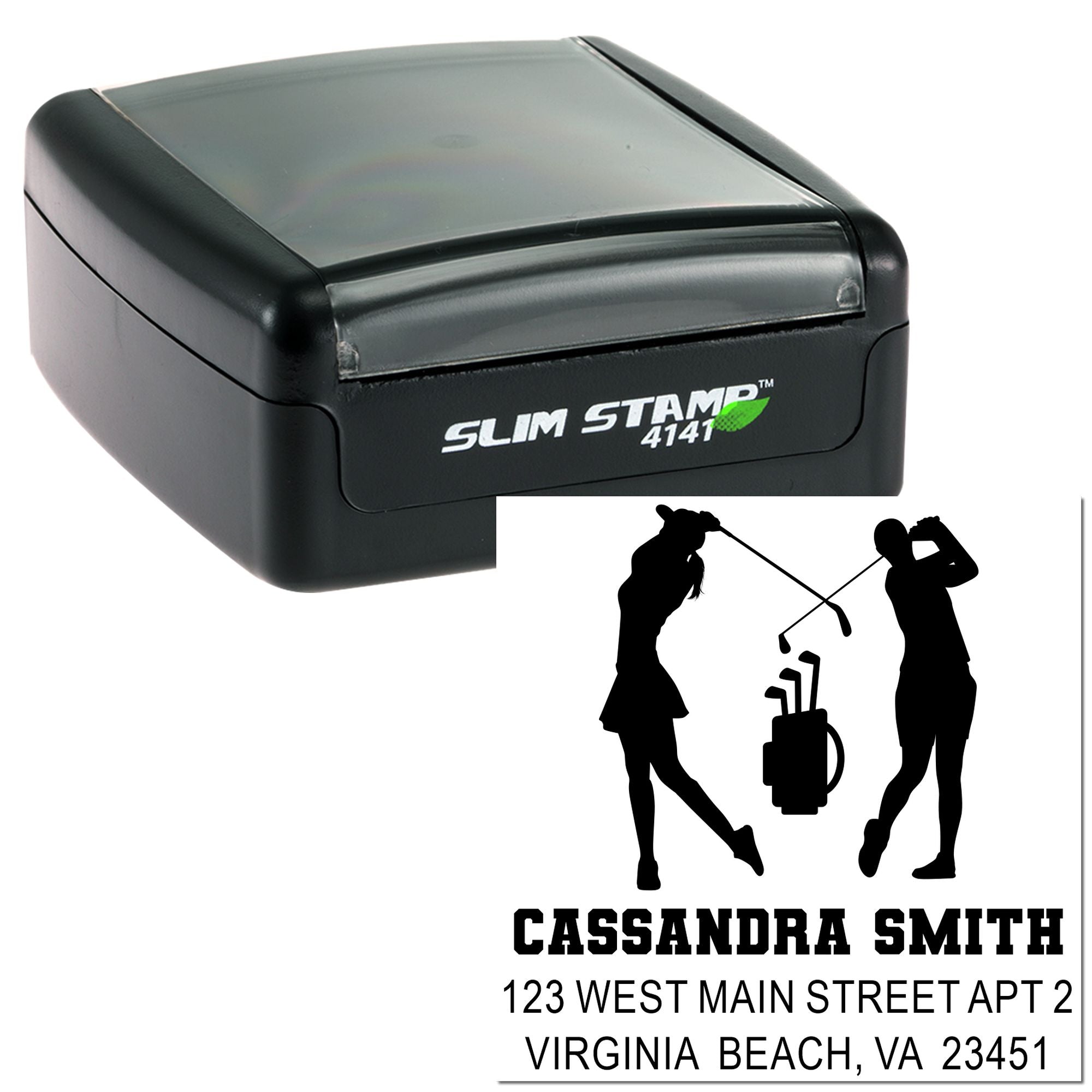 Custom golf-themed self-inking rubber stamp with Slim Stamp 4141, personalized address for Cassandra Smith in Virginia Beach, VA.