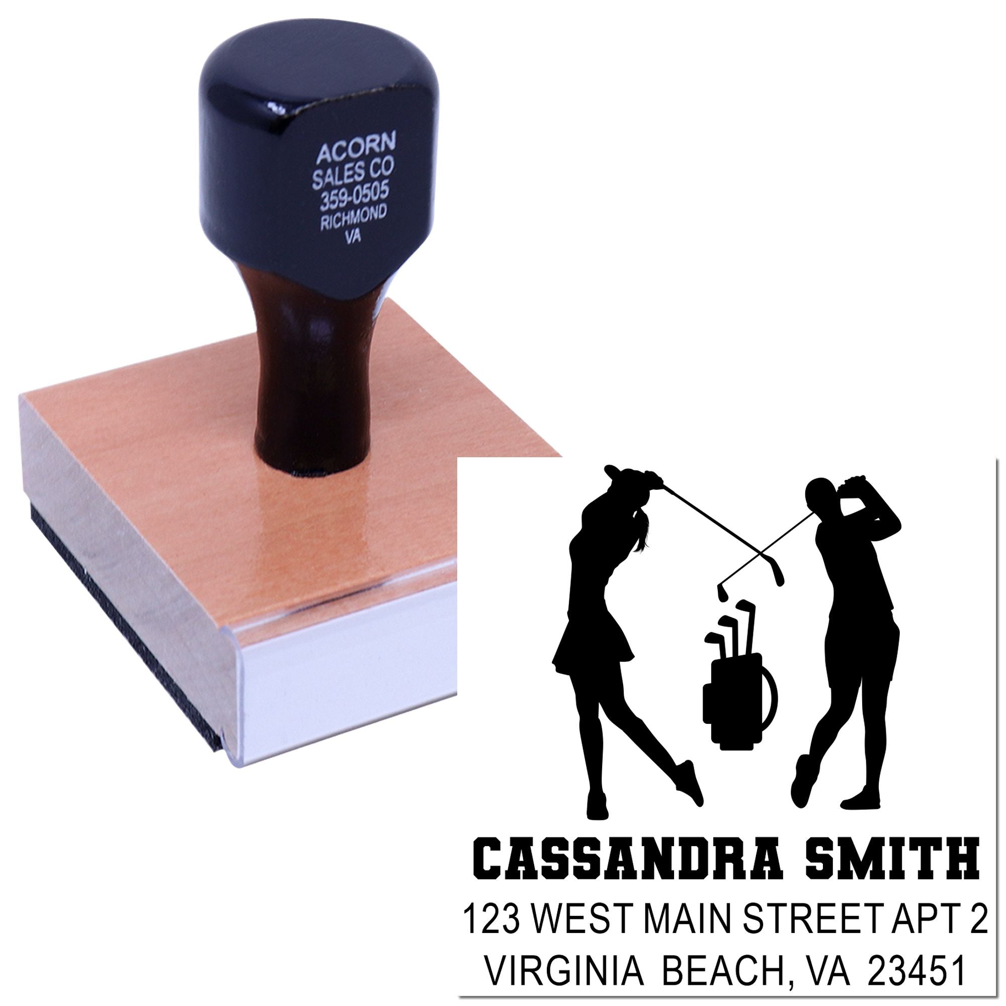 Custom golf-themed rubber stamp for personalized name and address imprint on mail or business materials.