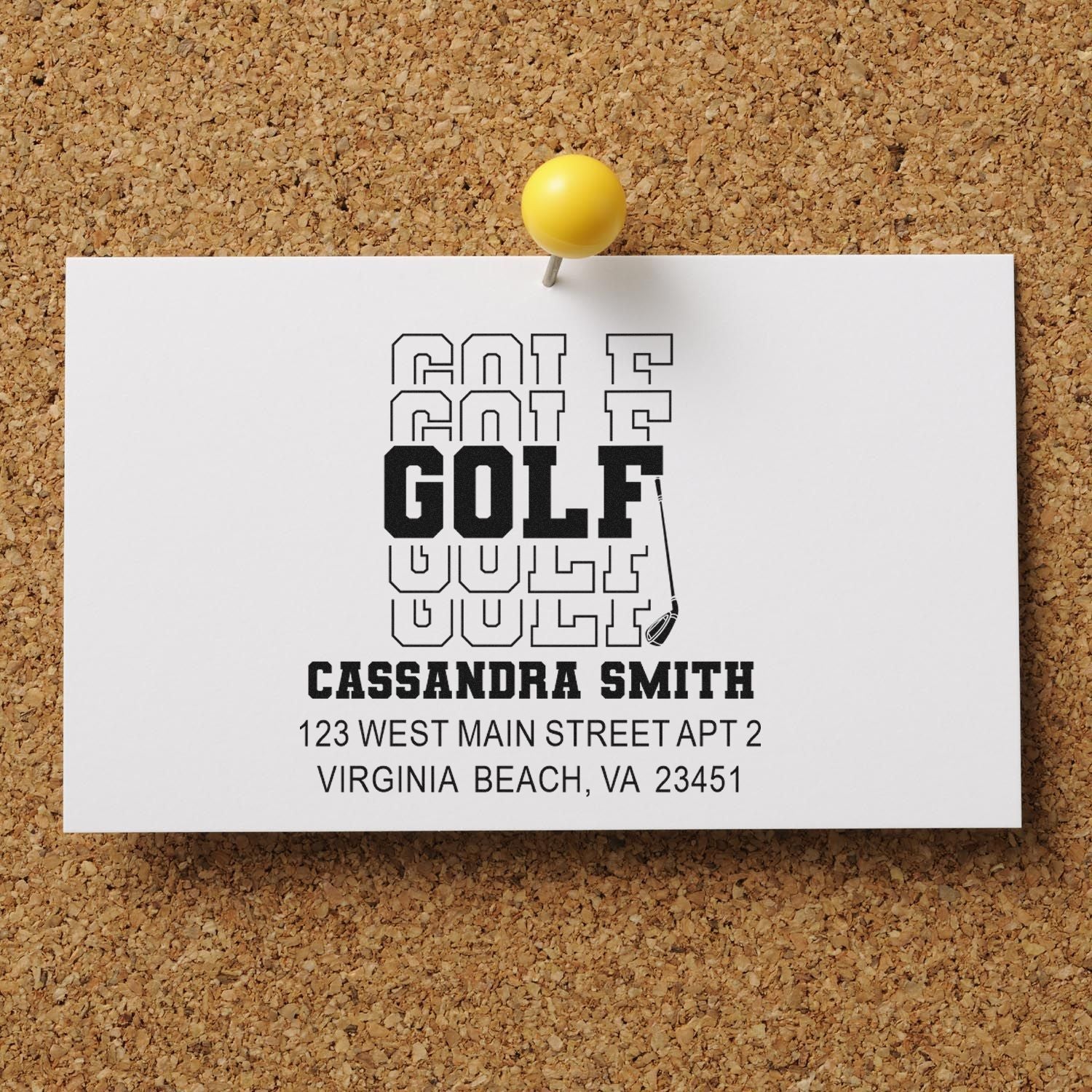 Custom golf return address rubber stamp with golfer design, name, and Virginia Beach, VA address.