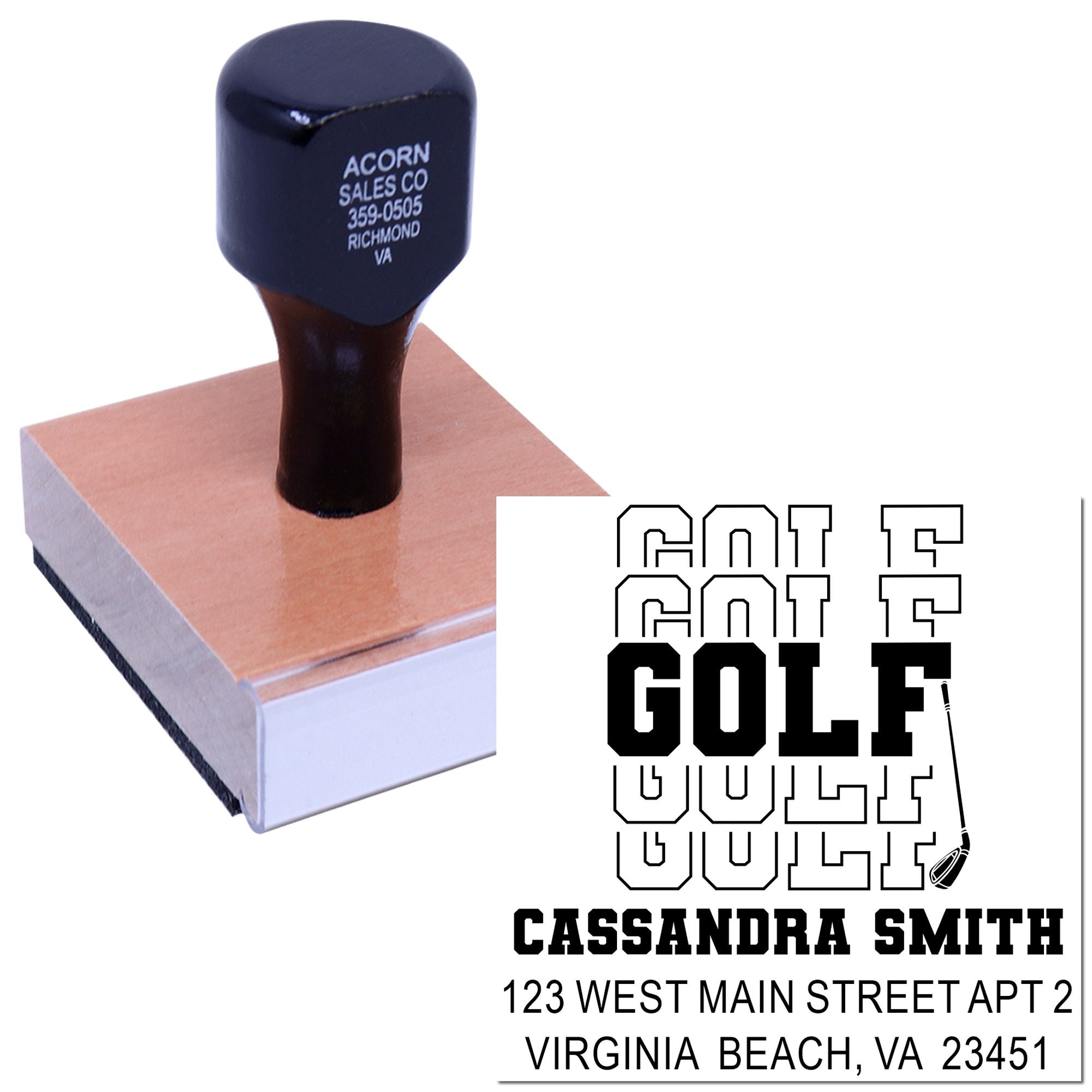 Custom golf return address rubber stamp with personalized name and address for mailing and golf-themed branding.