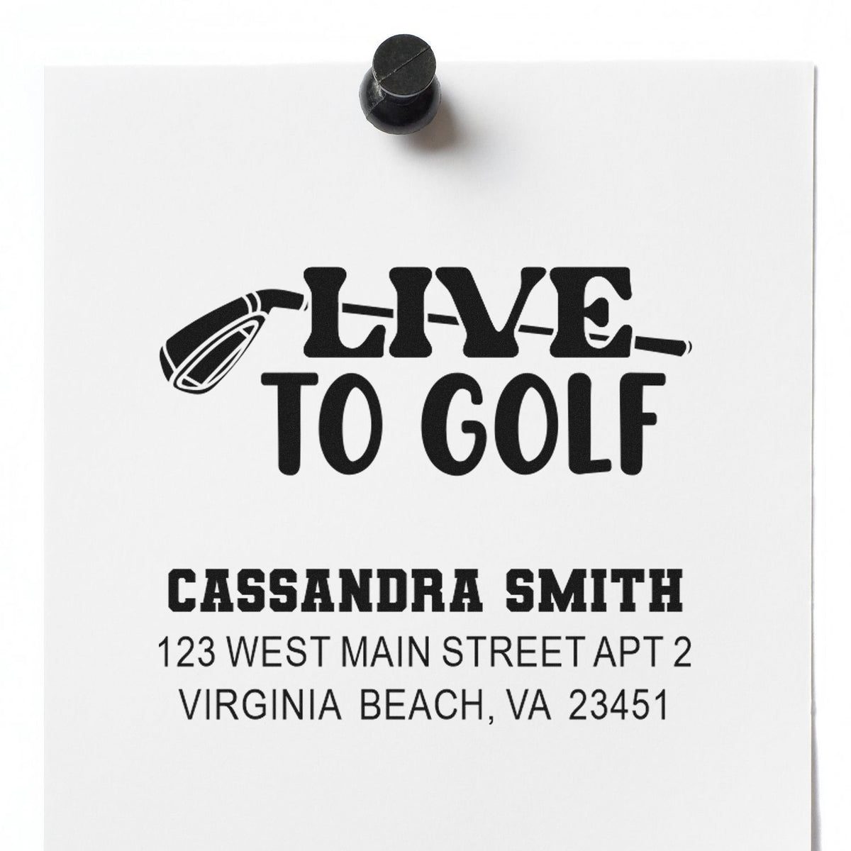 Custom golf rubber stamp with Live to Golf design, personalized name, and return address for stationery or mail.