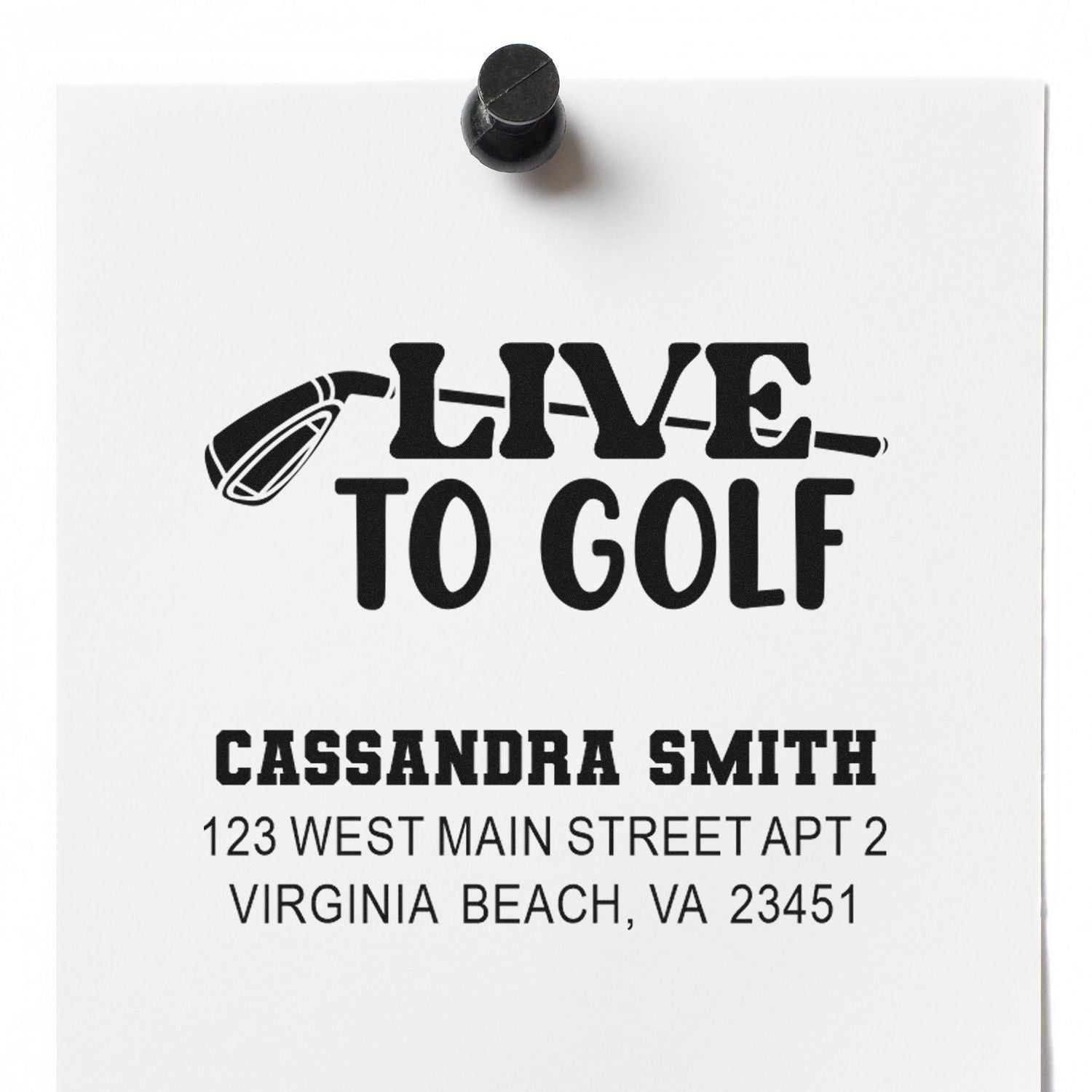 Personalized golf address rubber stamp with Live to Golf slogan, custom name, and Virginia Beach mailing address.