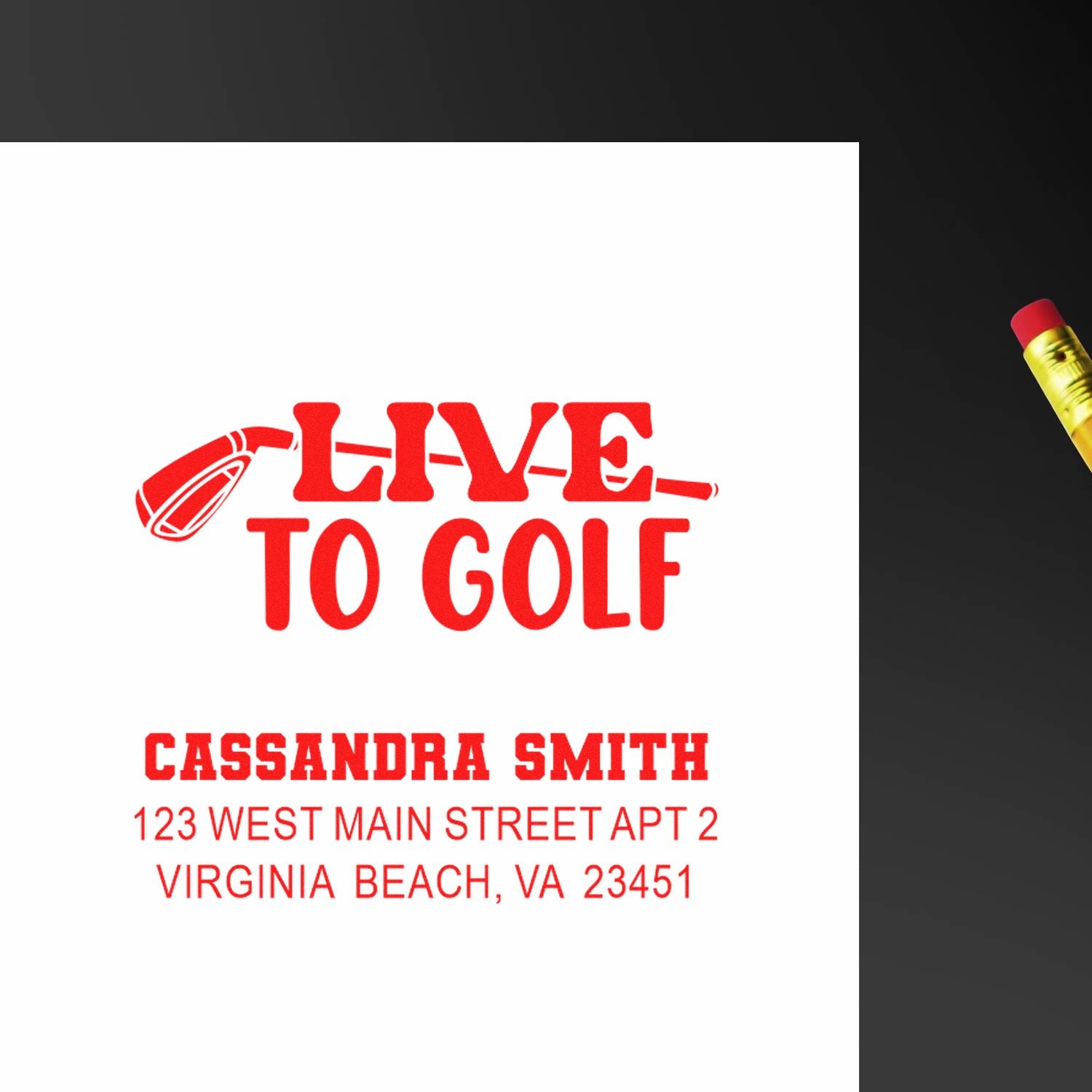 Custom Live to Golf rubber stamp with name and Virginia Beach address for golf-themed stationery and mail.