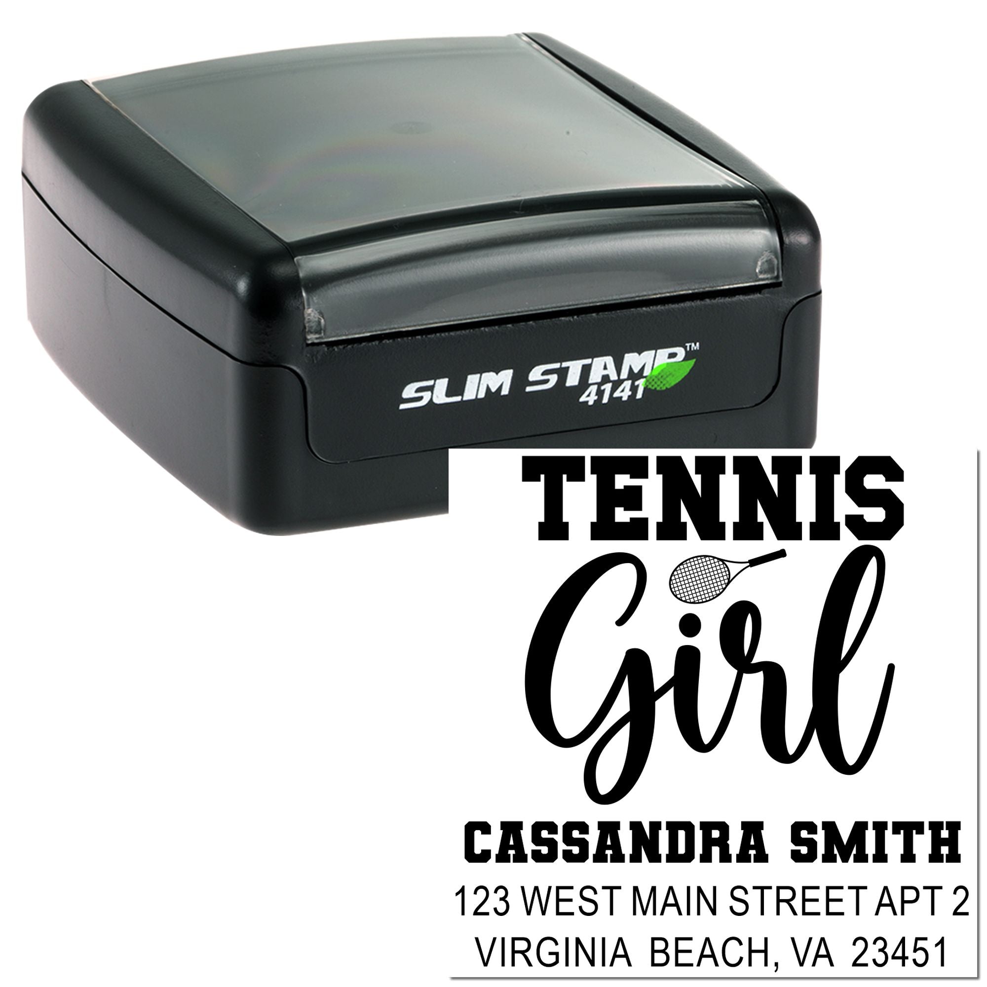 Custom tennis girl address rubber stamp with Slim Stamp 4141 case for personalized mailing and sports stationery.