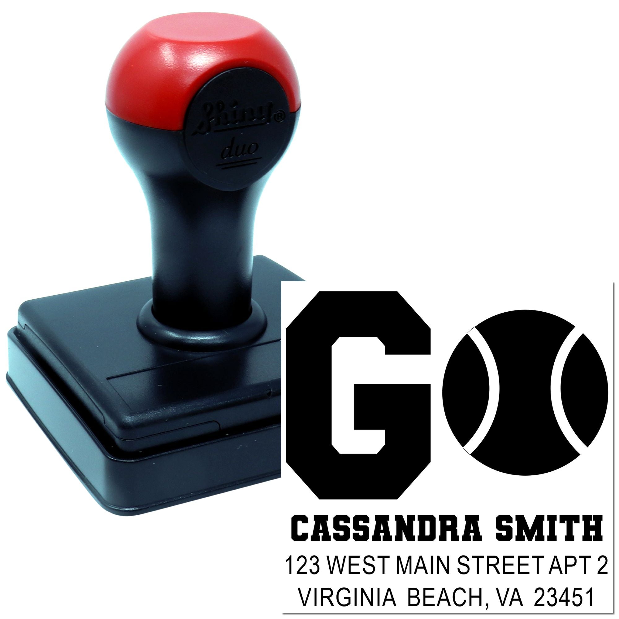 Custom self-inking rubber address stamp with bold monogram, name, and mailing address imprint.