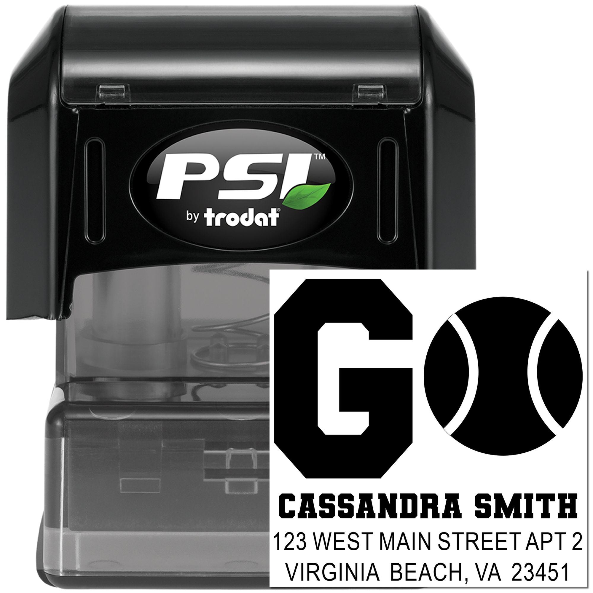 Custom self-inking address stamp by PSI by Trodat with logo and return address imprint for business branding.