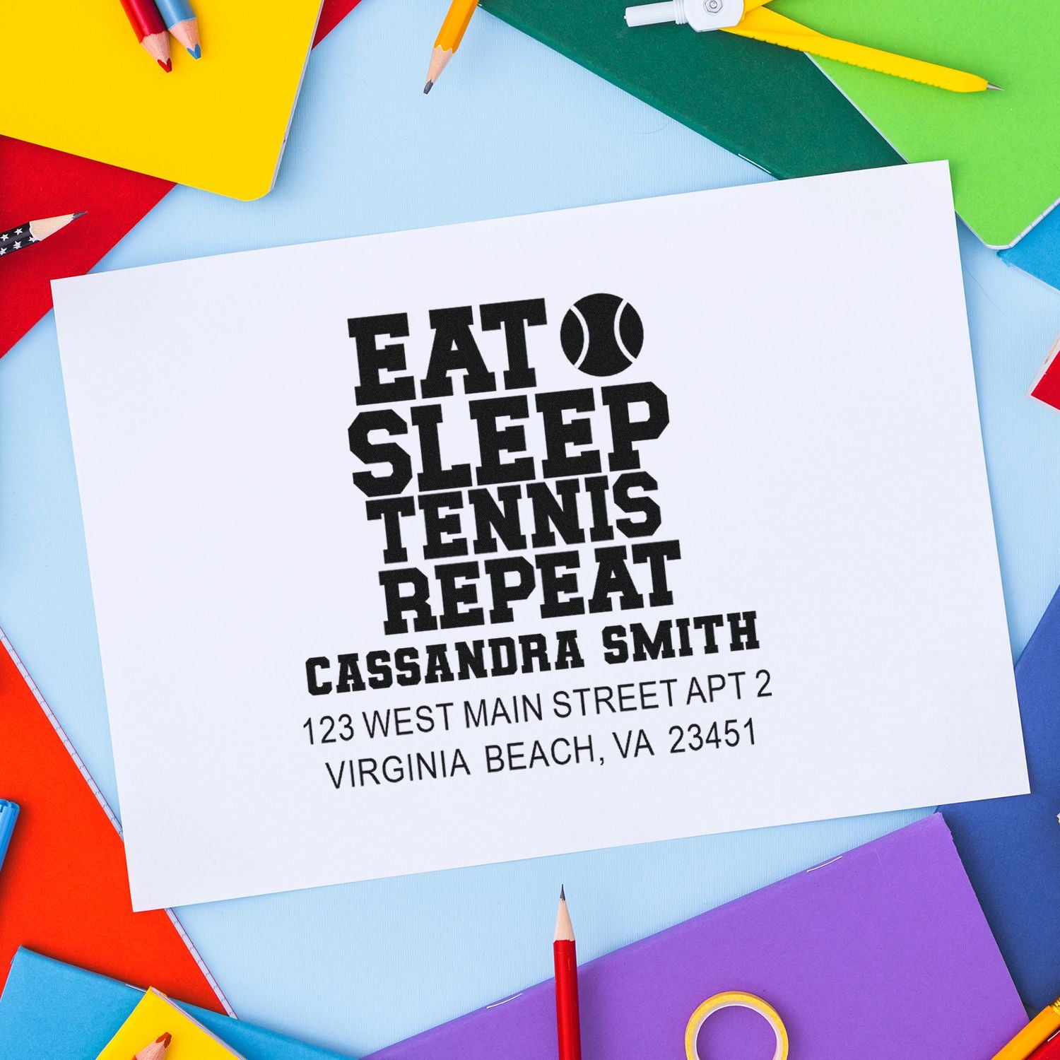 Custom rubber stamp with Eat Sleep Tennis Repeat design, personalized name and address for tennis lovers.