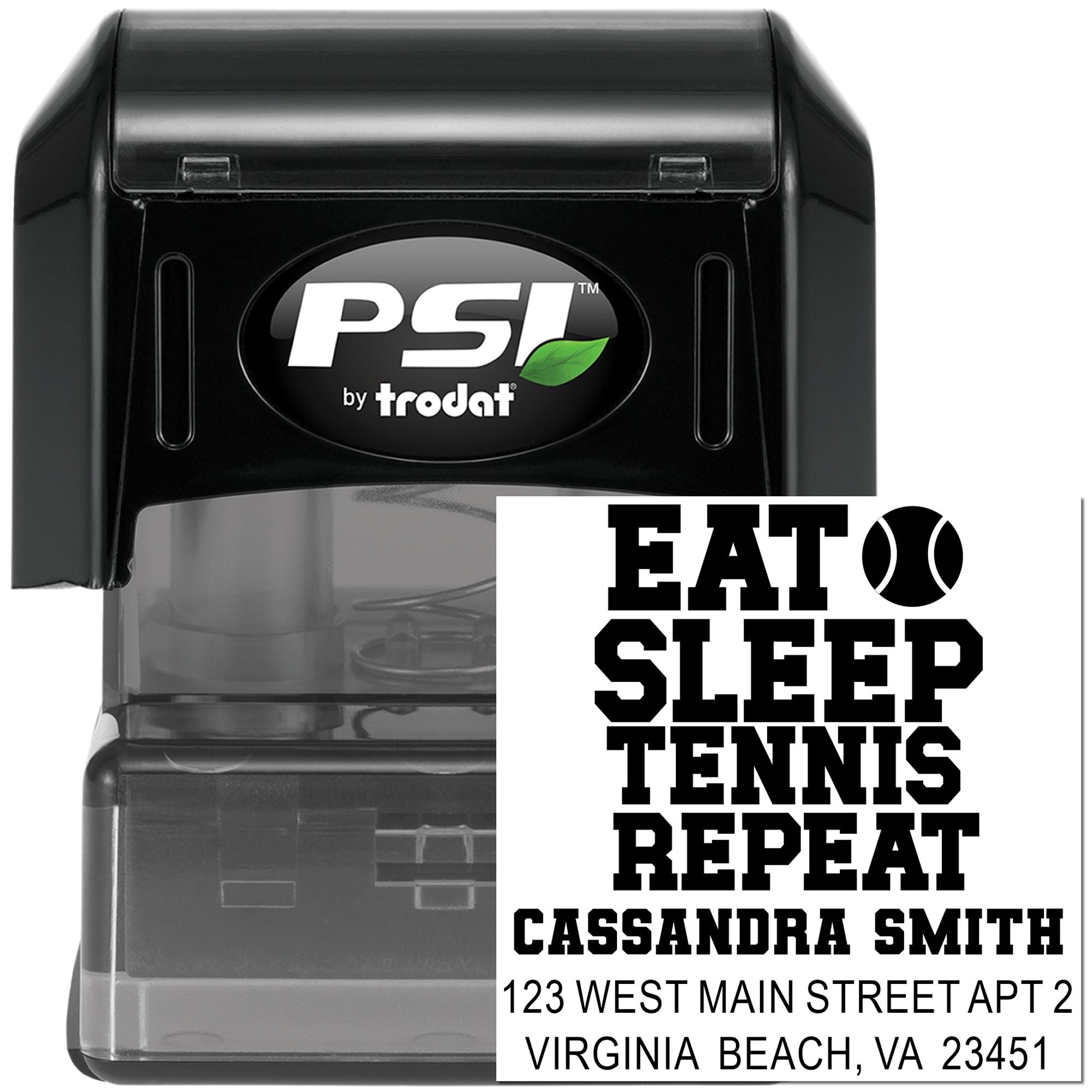 Custom tennis address rubber stamp, PSI by Trodat self-inking stamp with repeat slogan and personalized return address.