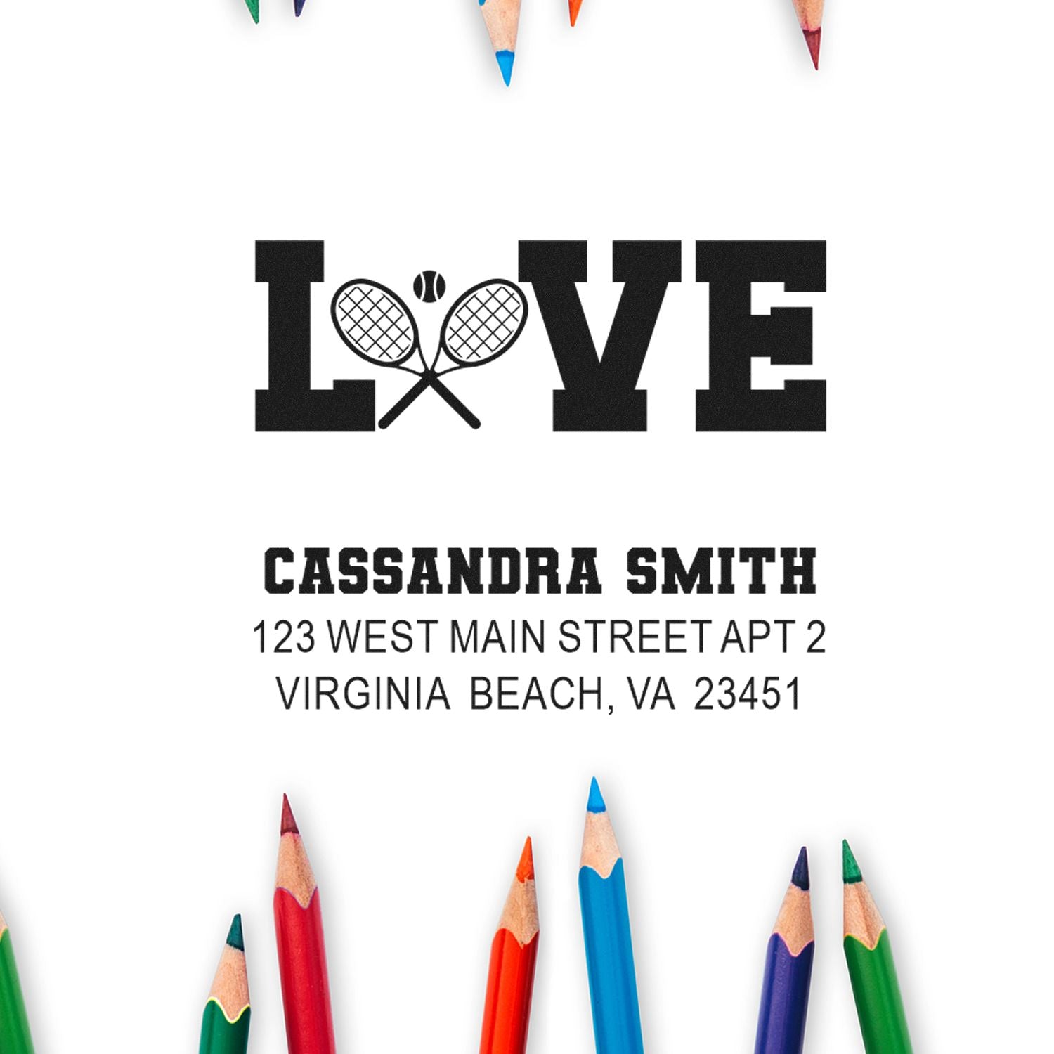 Custom rubber stamp with LOVE tennis design, Cassandra Smith name, and Virginia Beach, VA address.
