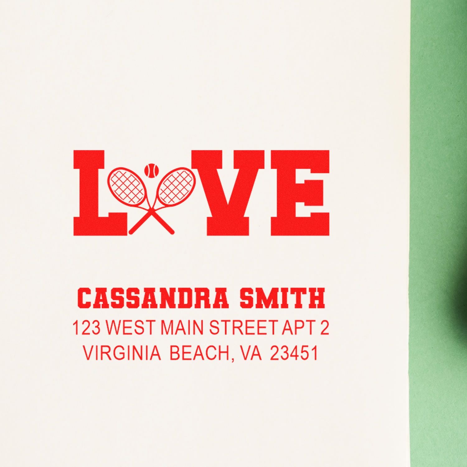 Custom tennis LOVE return address rubber stamp with name and Virginia Beach address for personalized stationery