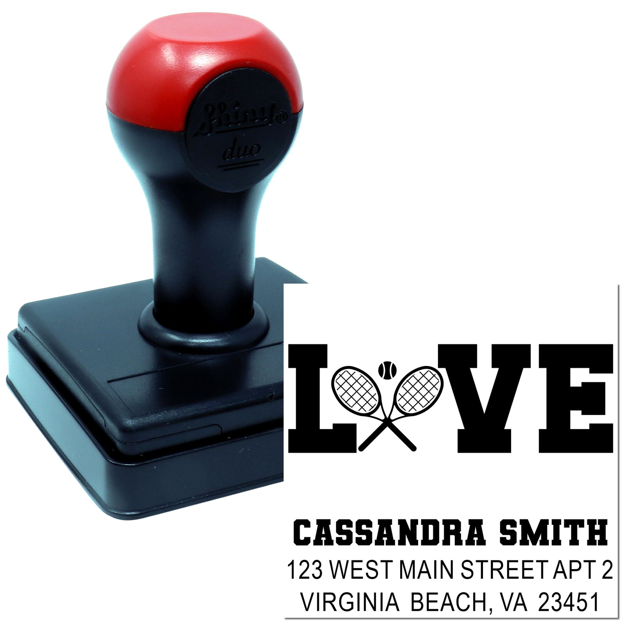 Custom self-inking rubber stamp with LOVE tennis design, name, and address for personalized mail and stationery.