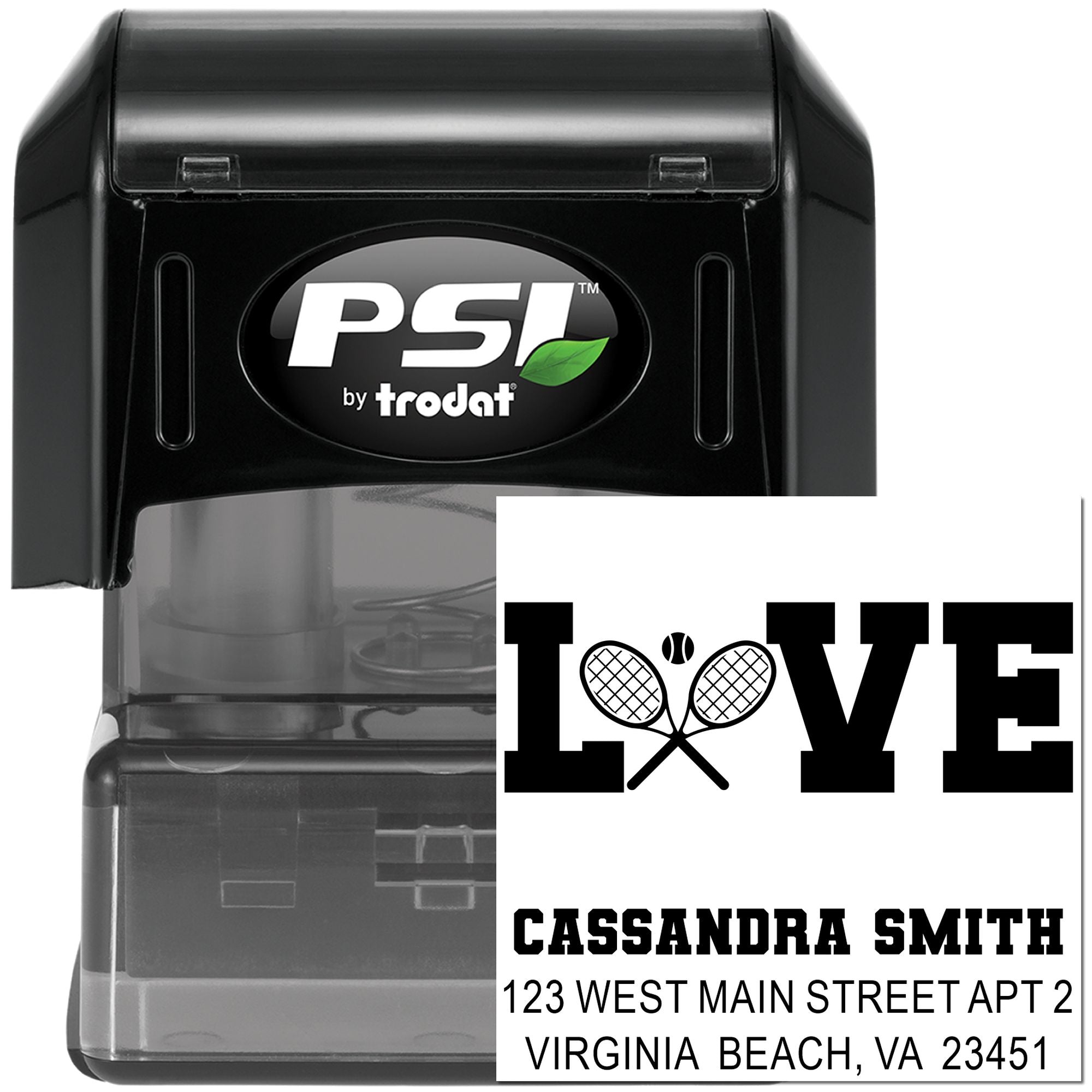 Custom self-inking rubber stamp by PSI Trodat with LOVE tennis design and address for personalized mailing.