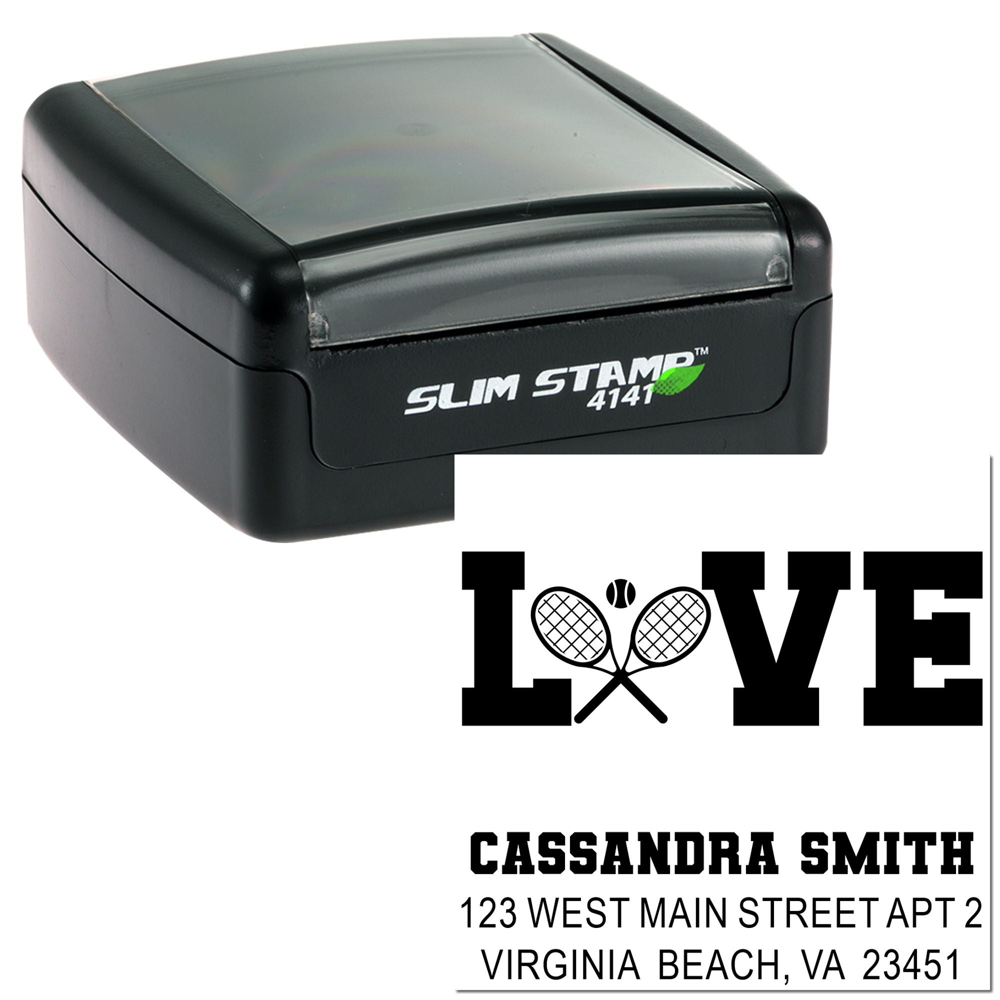 Personalized self-inking rubber address stamp with LOVE tennis design for Virginia Beach mailings.