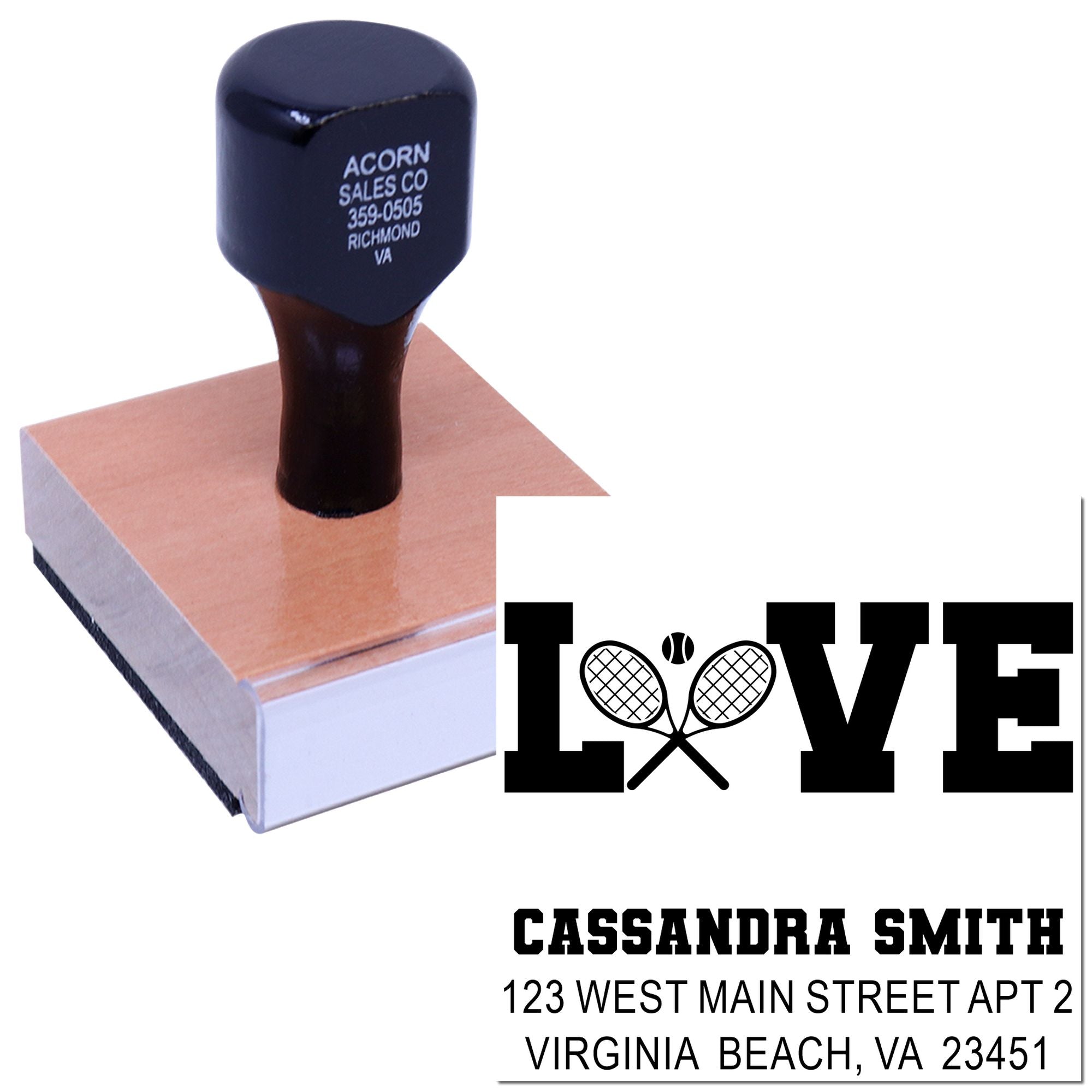 Custom tennis LOVE rubber stamp with personalized name and address for stationery, wedding invitations, and gifts.