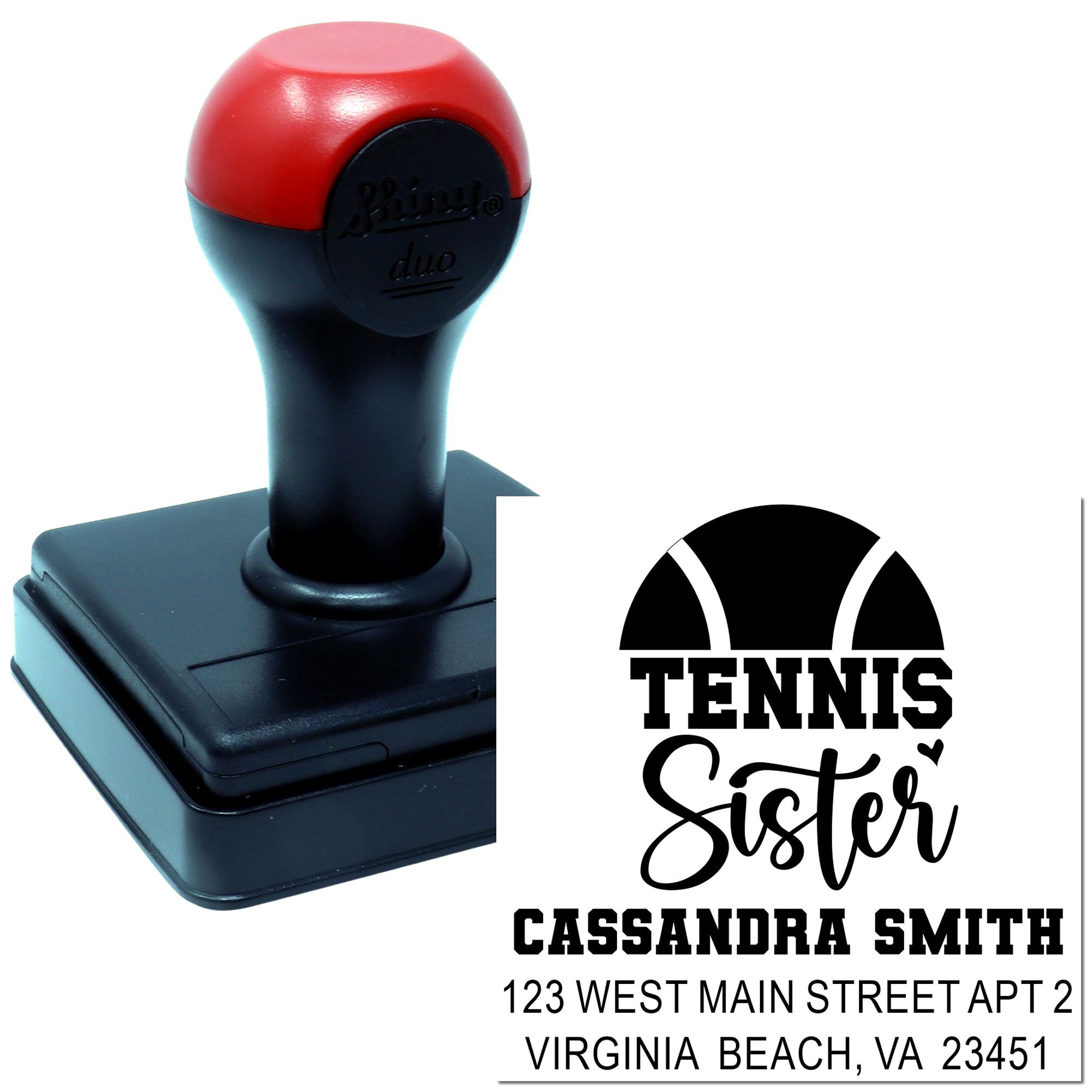 Personalized tennis sister rubber stamp with name and address design for custom return-address mailing.