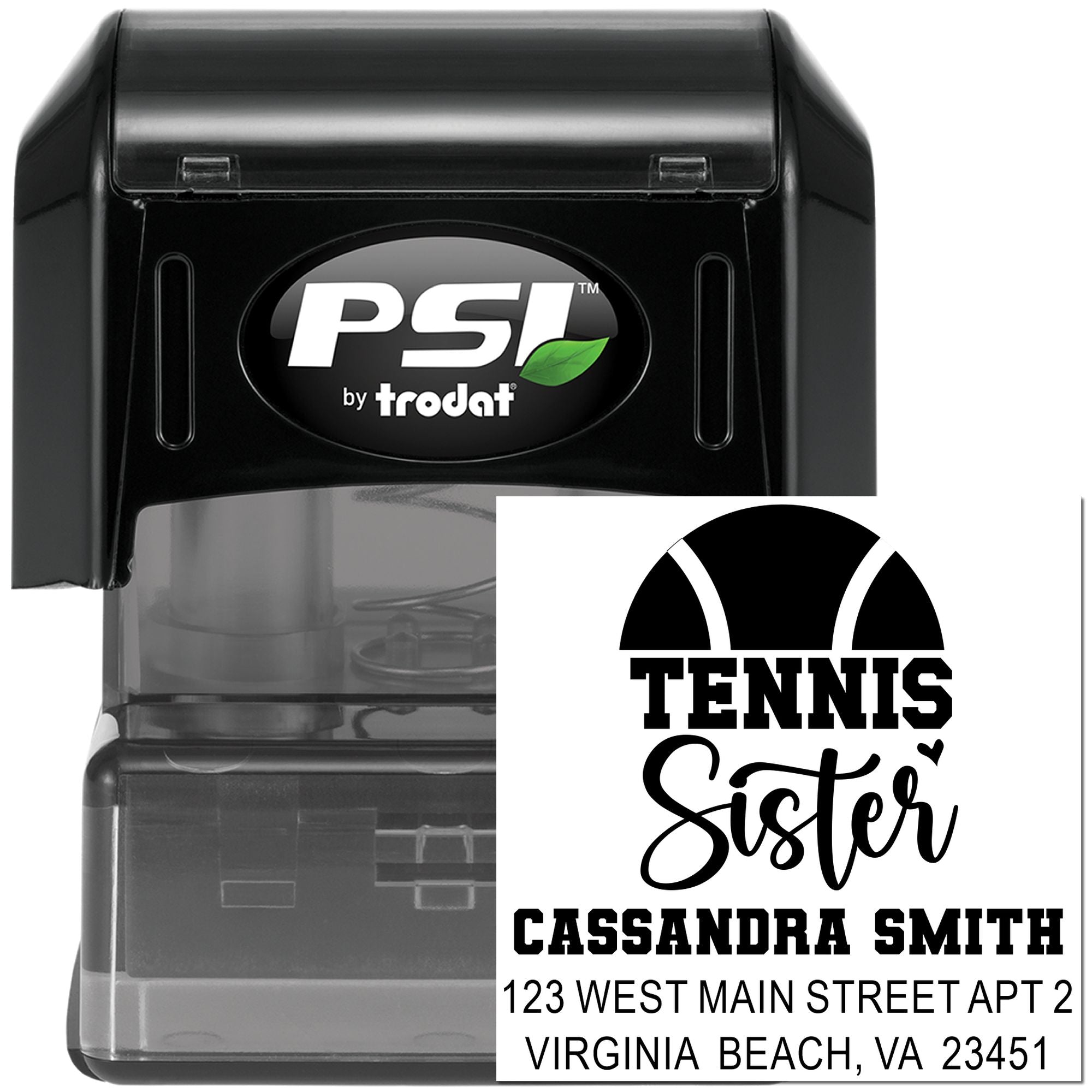 Custom self-inking address stamp by PSI Trodat with tennis sister design, personalized name and return address.