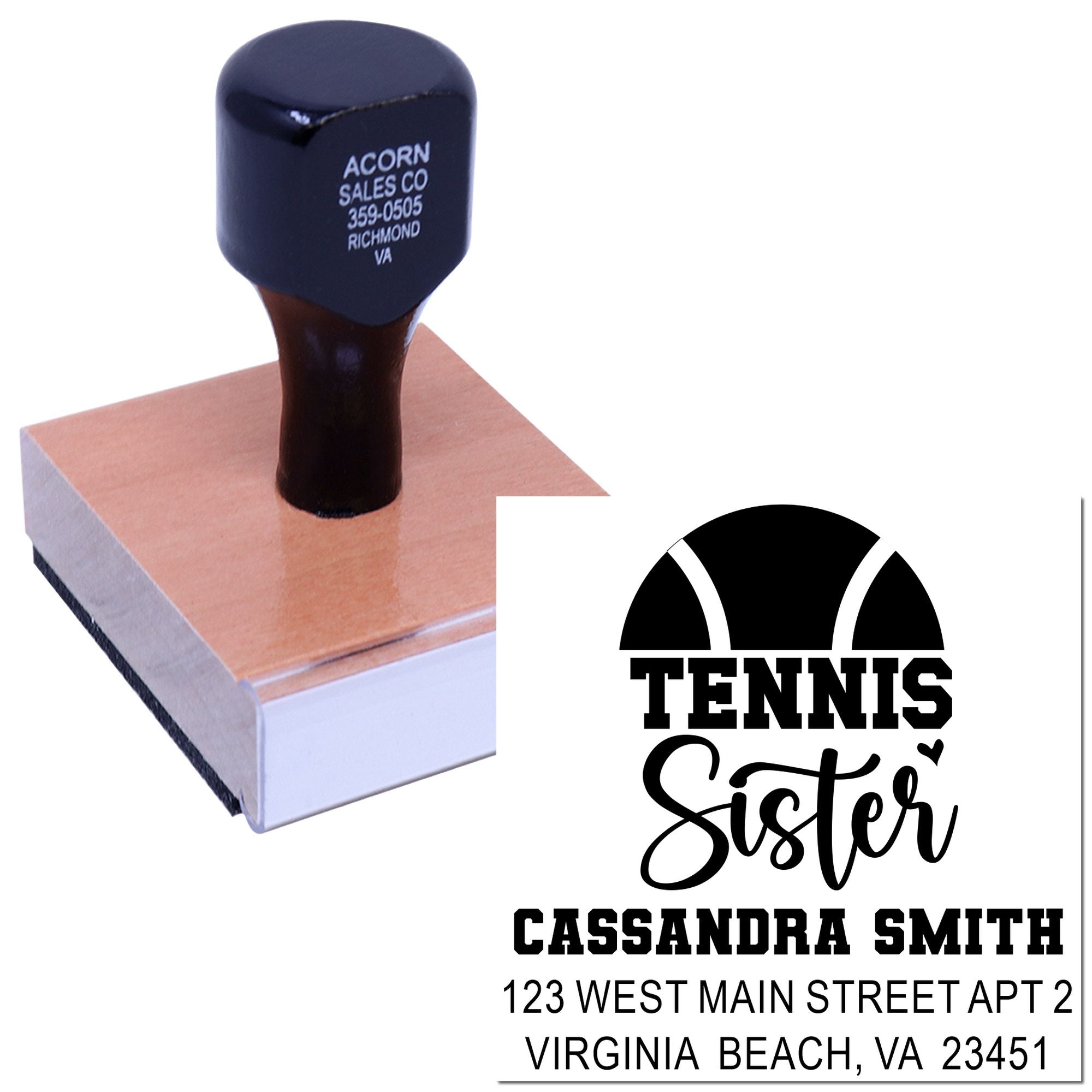 Custom rubber stamp with tennis sister design, name, and address for personalized stationery and mailing labels.