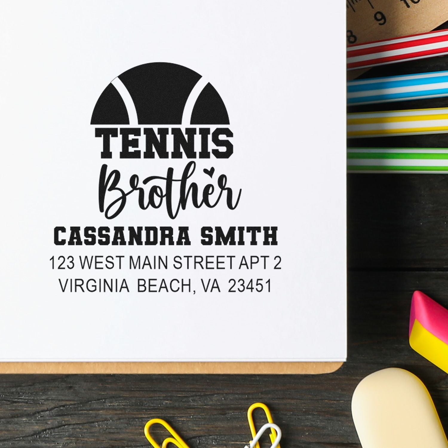 Custom tennis brother rubber stamp with personalized name and Virginia Beach address for sports-themed stationery.