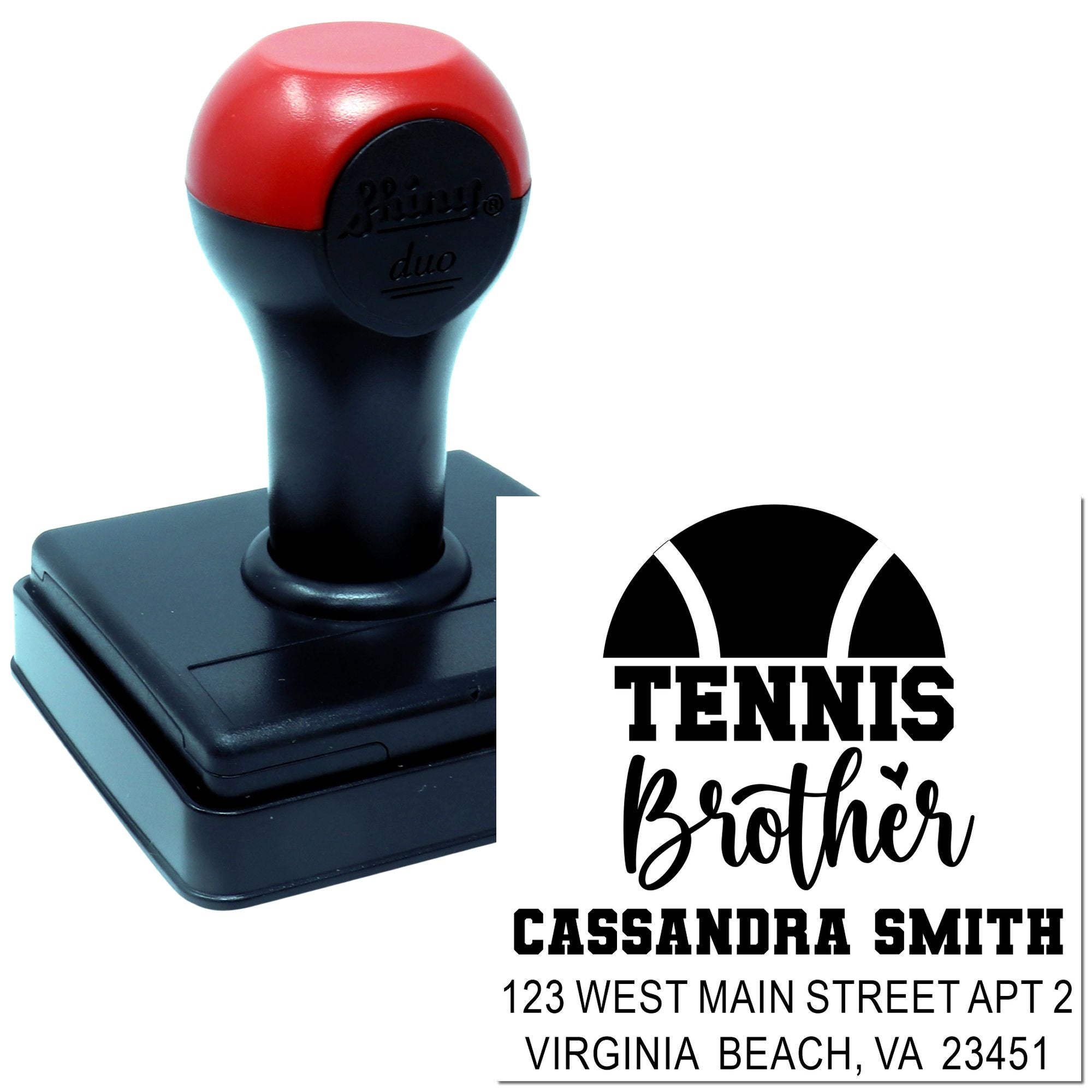 Custom self-inking rubber stamp with tennis brother design and personalized address block for Cassandra Smith.