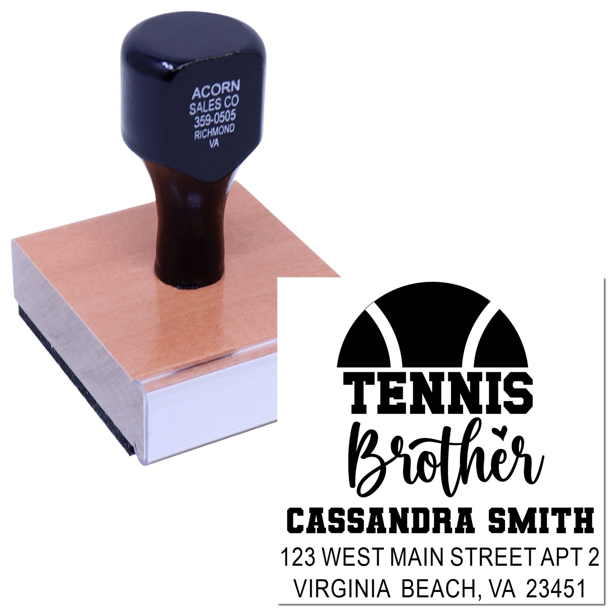 Custom tennis brother rubber stamp with name and Virginia Beach address for personalized envelopes and sports-themed gifts.