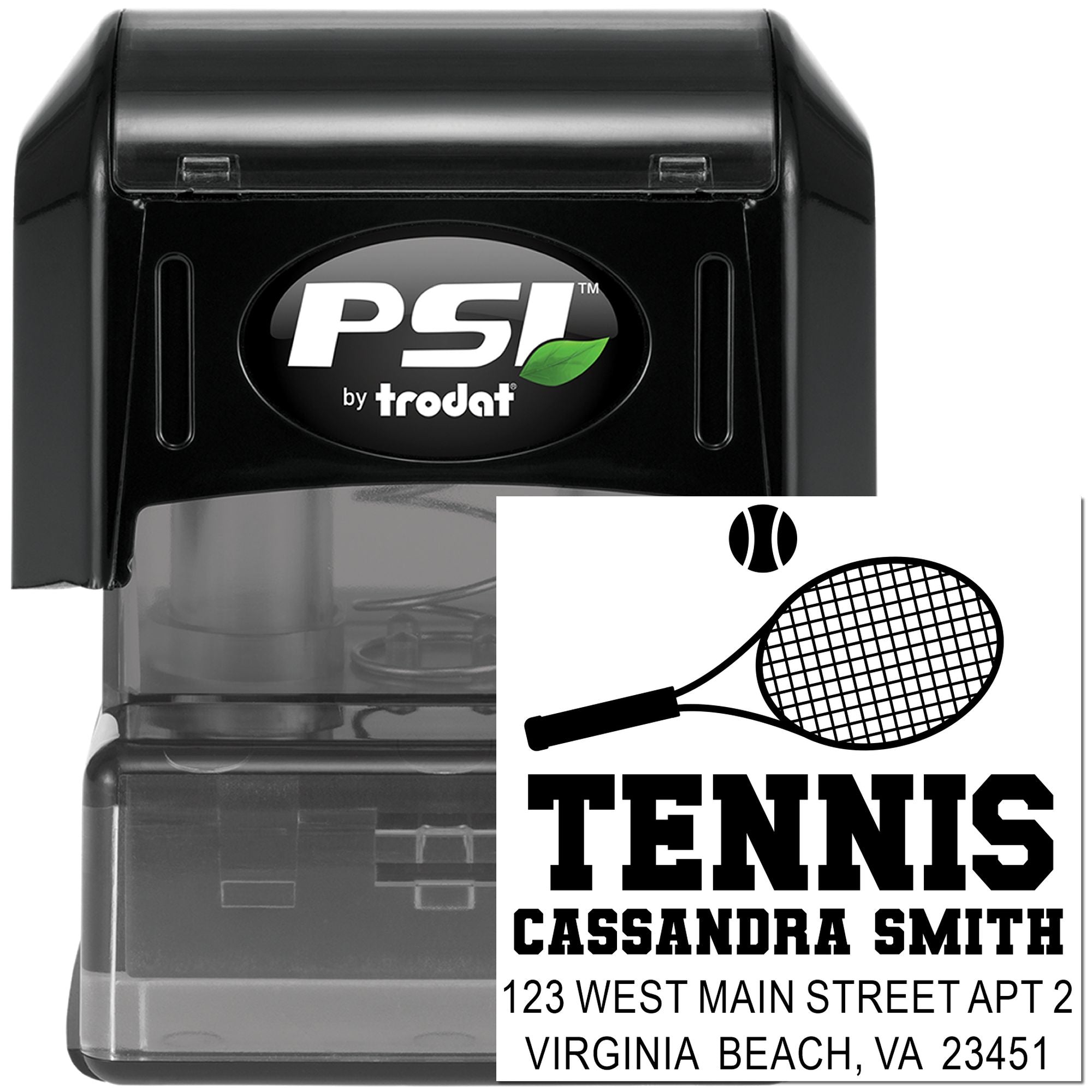 PSI by Trodat self-inking rubber stamp with custom tennis address stamp design for personalized mailing.