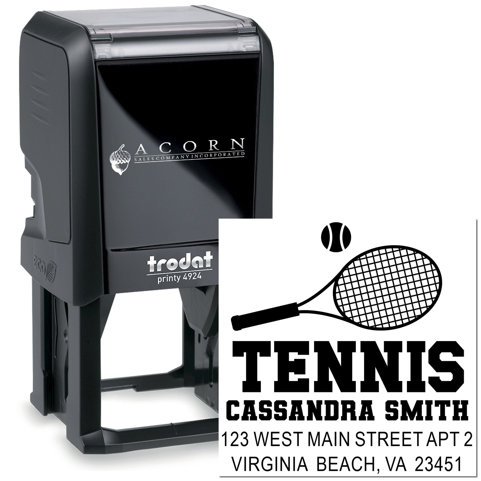 Custom tennis rubber stamp with self-inking Trodat Printy 4924 for personalized name and address imprint.
