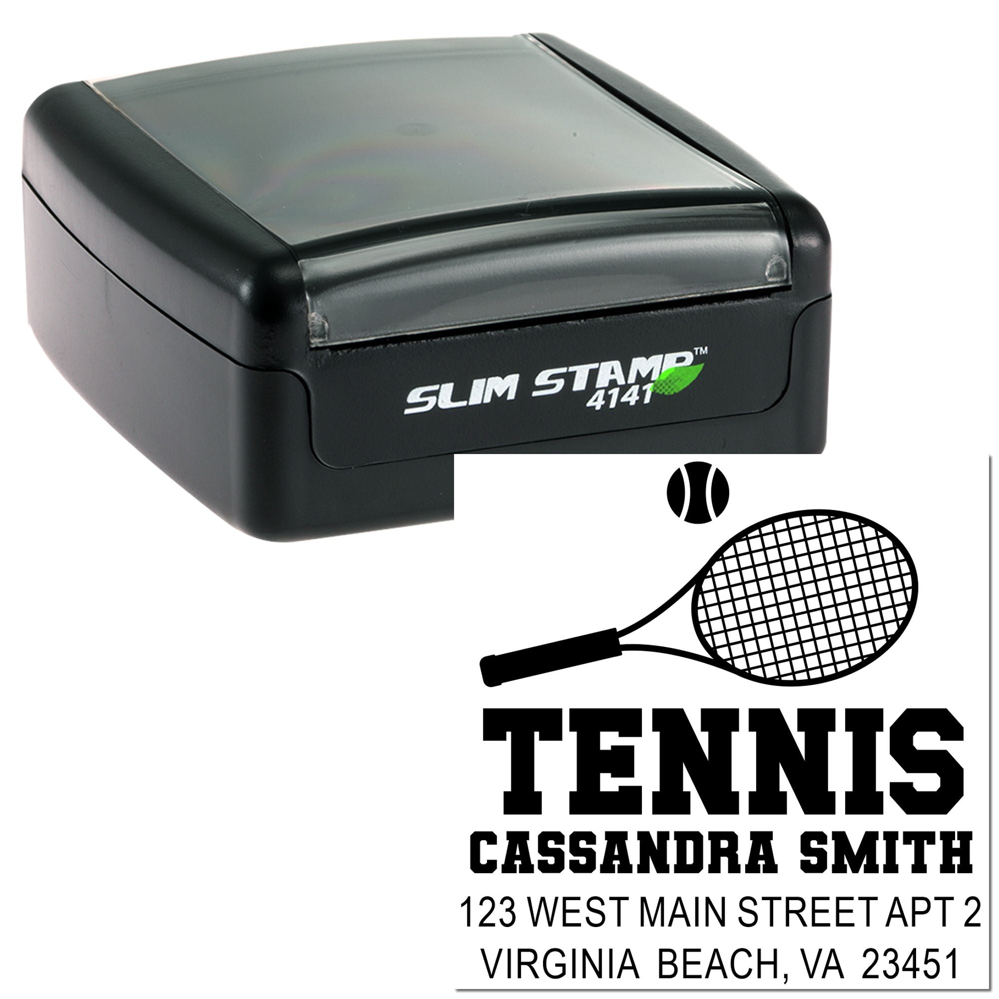 Custom tennis self-inking rubber stamp for return addresses, with racket graphic, name, and address.