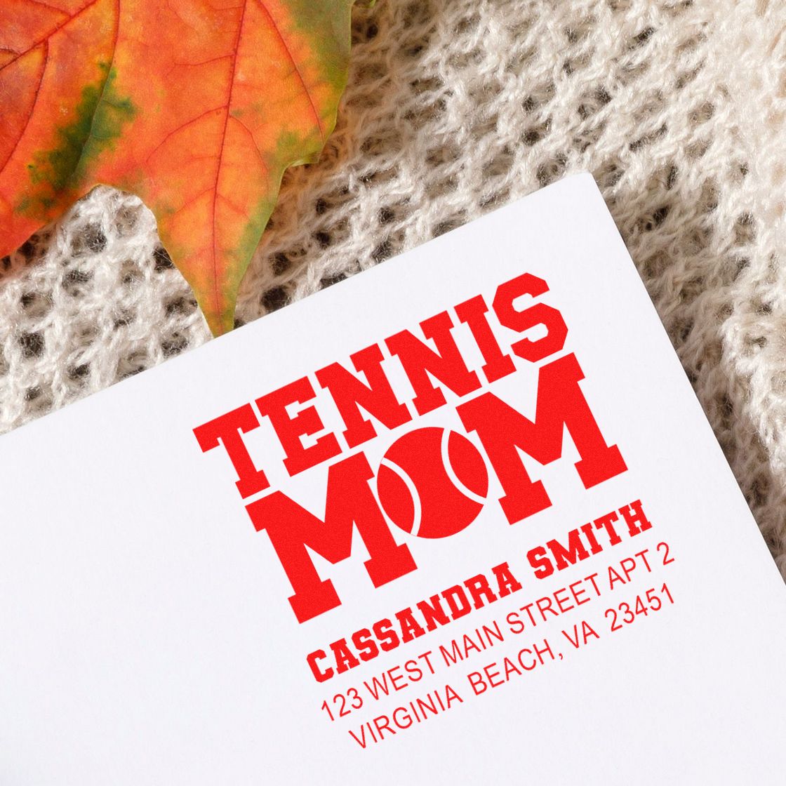 Custom tennis mom return address rubber stamp for personalized stationery and mailing.