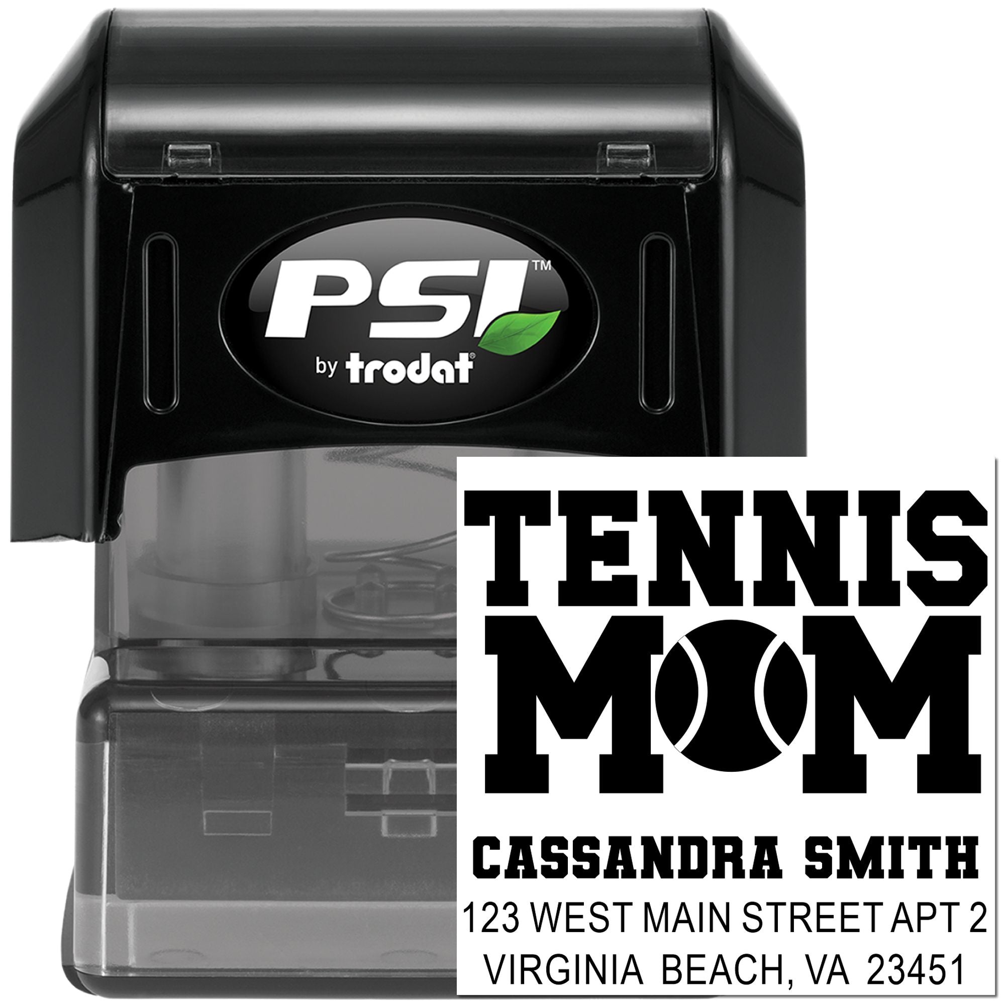 Custom self-inking tennis mom address rubber stamp by PSI Trodat for personalized mailing and sports-themed stationery.