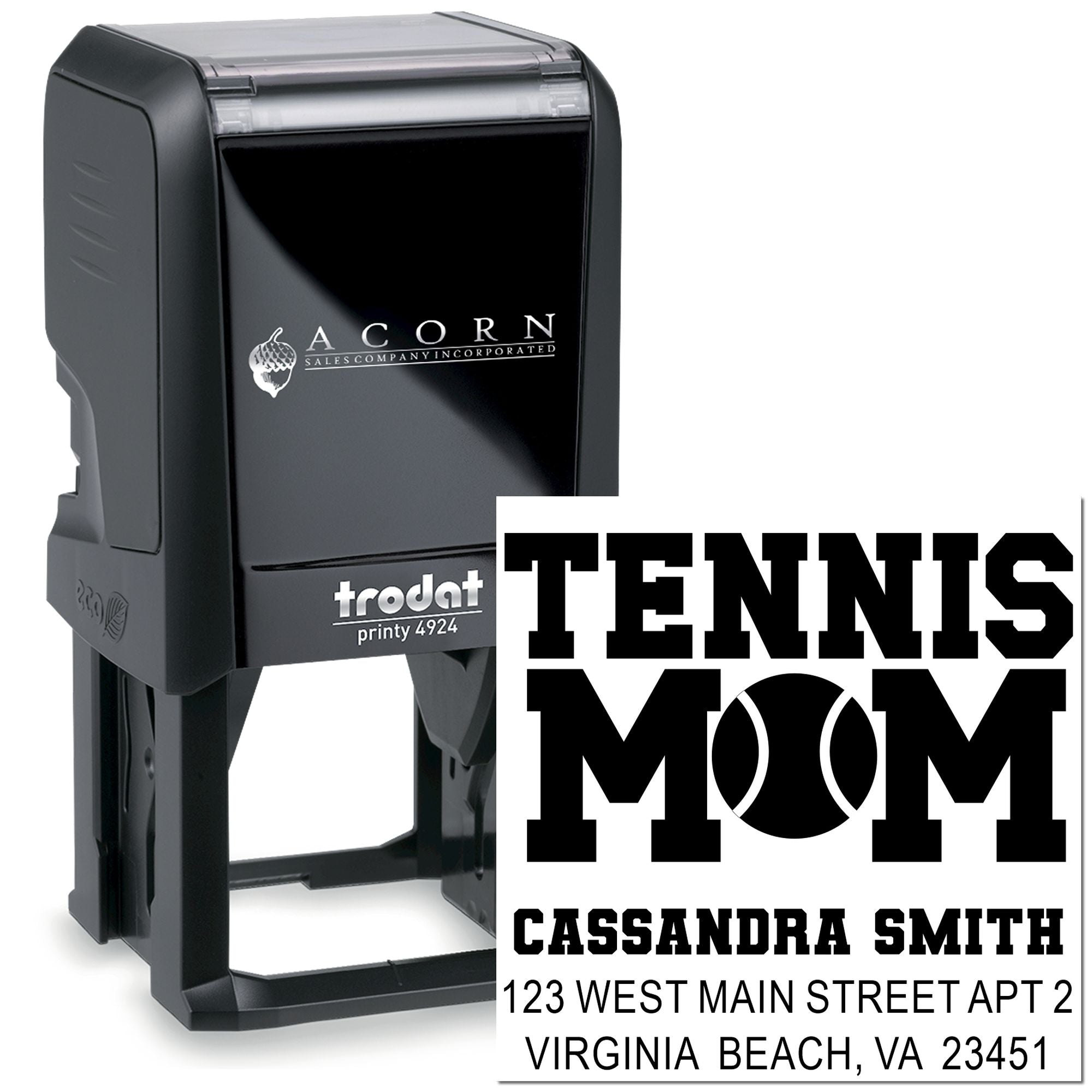 Custom self-inking rubber stamp for Tennis Mom with name and address, ideal for personalized mailing and return labels.