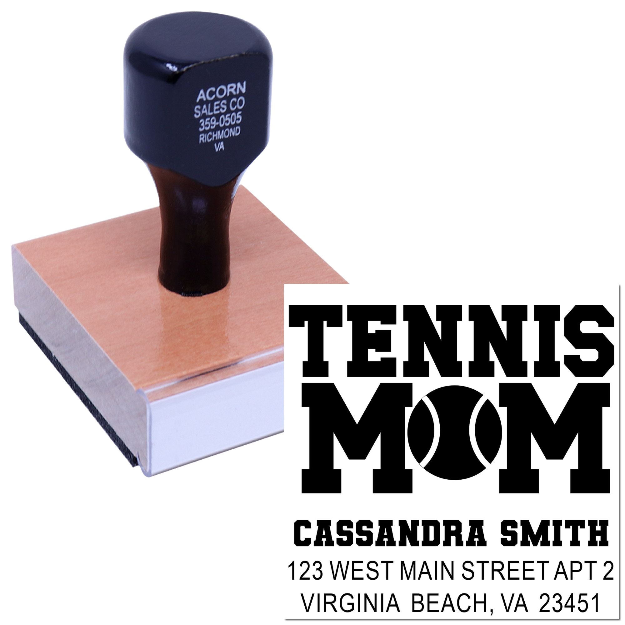 Custom self-inking rubber stamp with Tennis Mom design, name and address for personalized stationery and mailing.