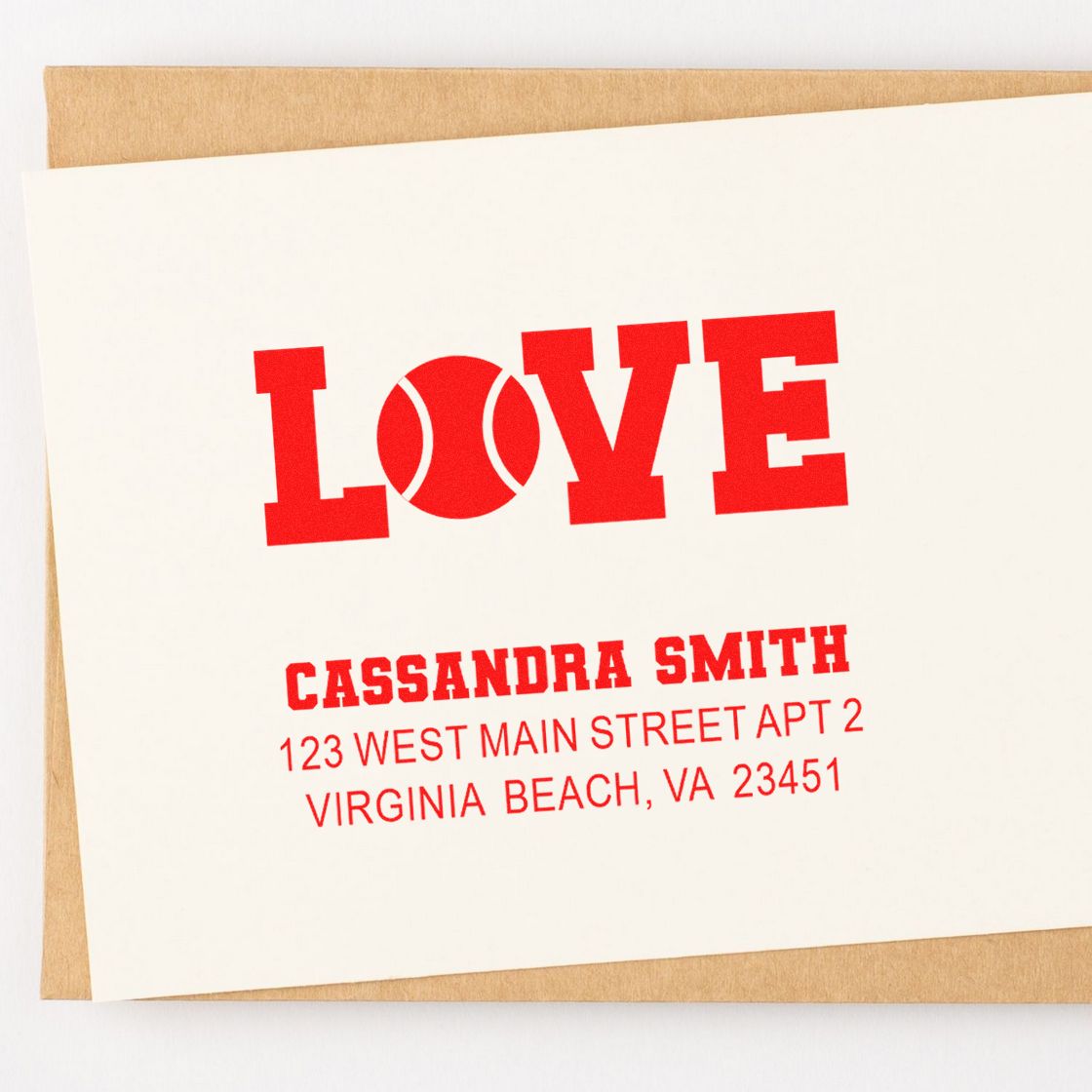 Custom LOVE return address rubber stamp with personalized name and Virginia Beach address for wedding stationery.