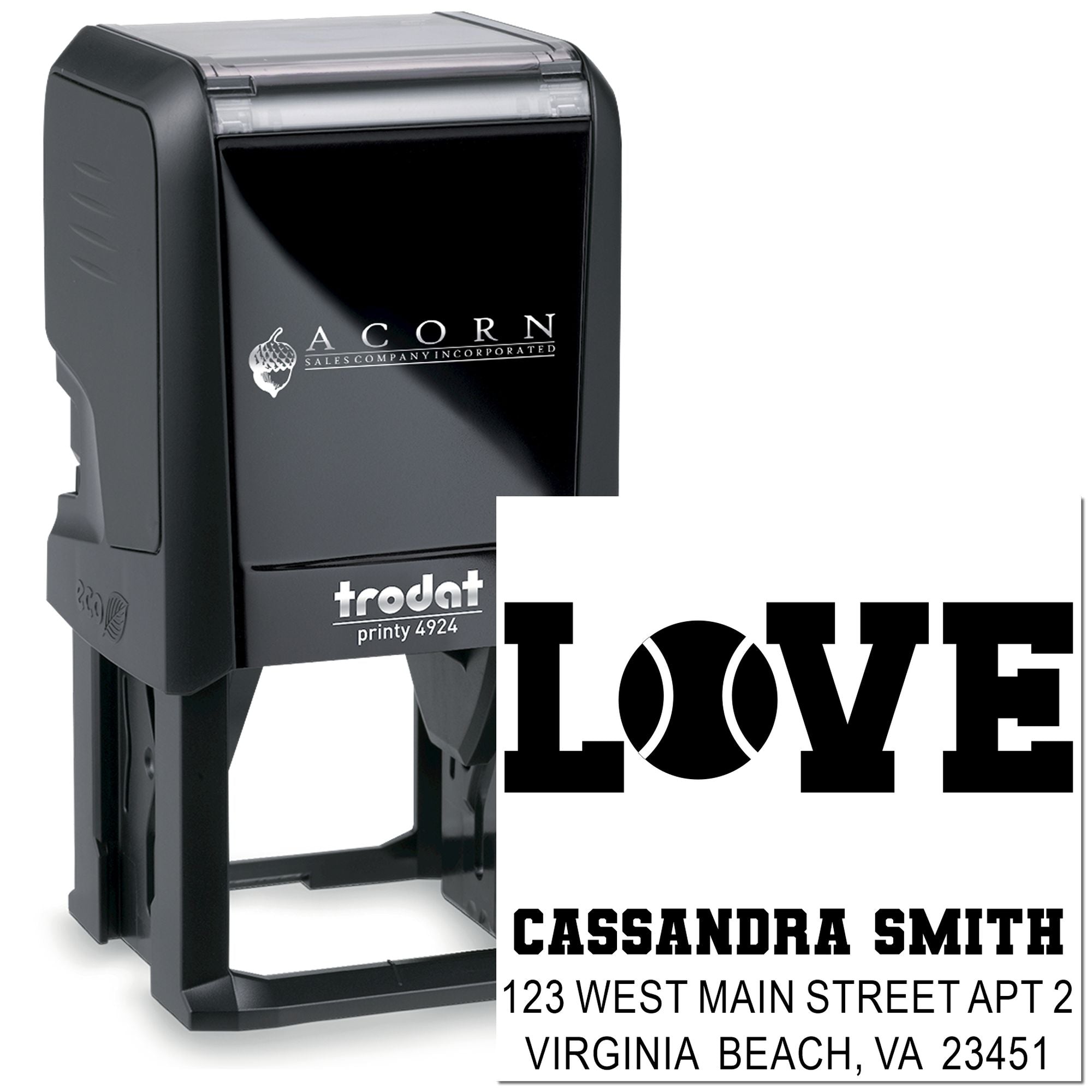 Custom self-inking rubber address stamp with LOVE design, Trodat Printy 4924, personalized for mailing and stationery.