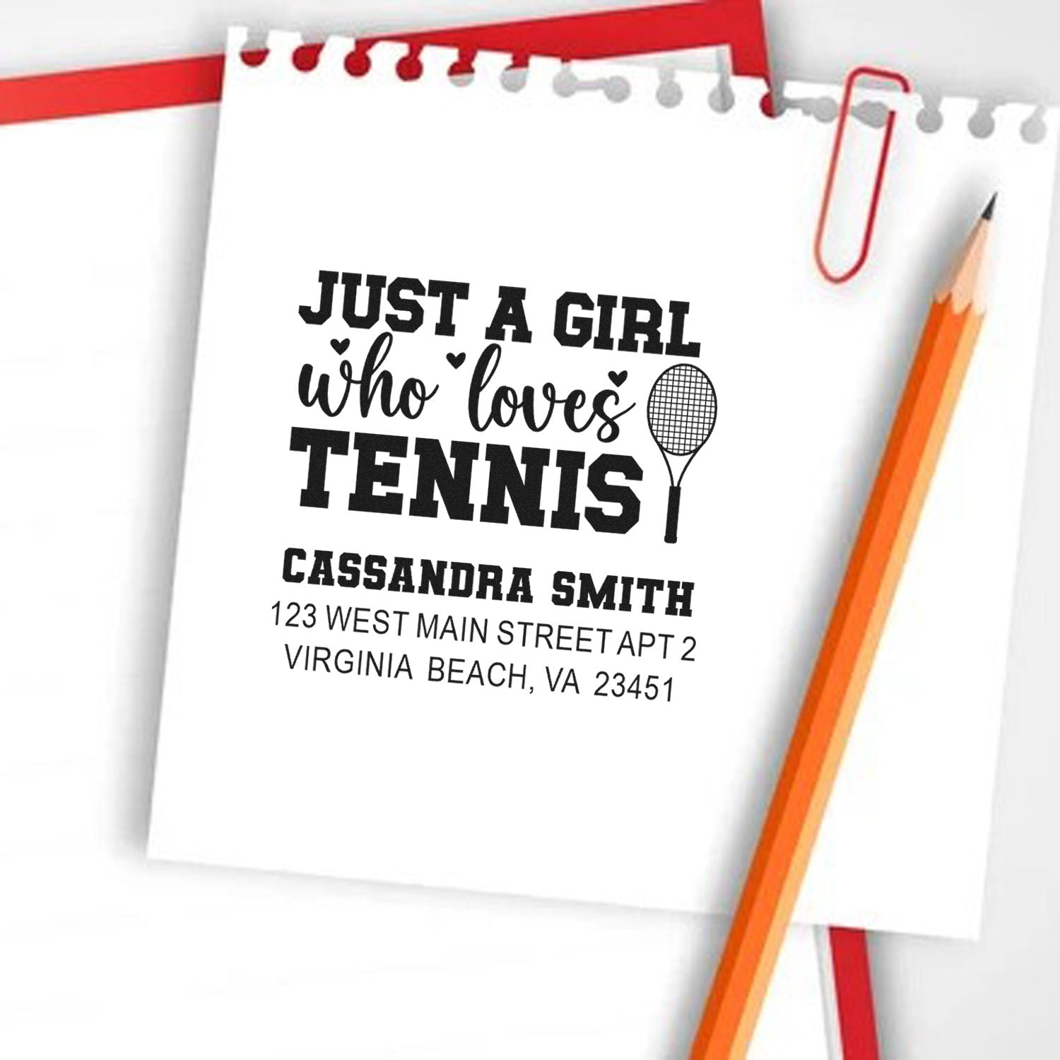 Custom tennis lover return address rubber stamp with personalized name and address for stationery.