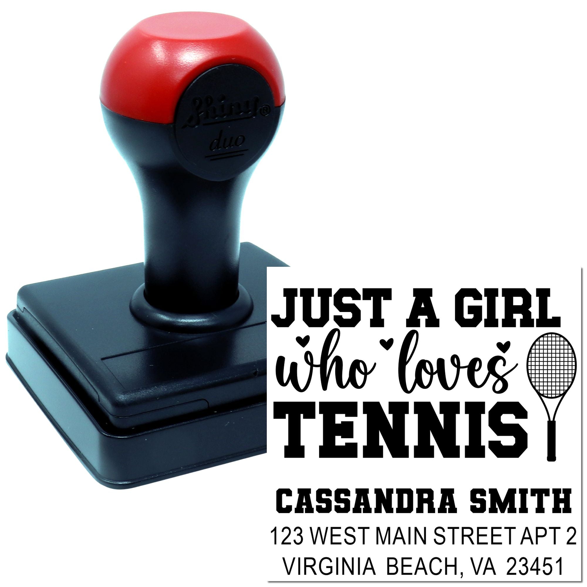 Custom self-inking rubber address stamp with tennis design for Cassandra Smith, Virginia Beach, VA