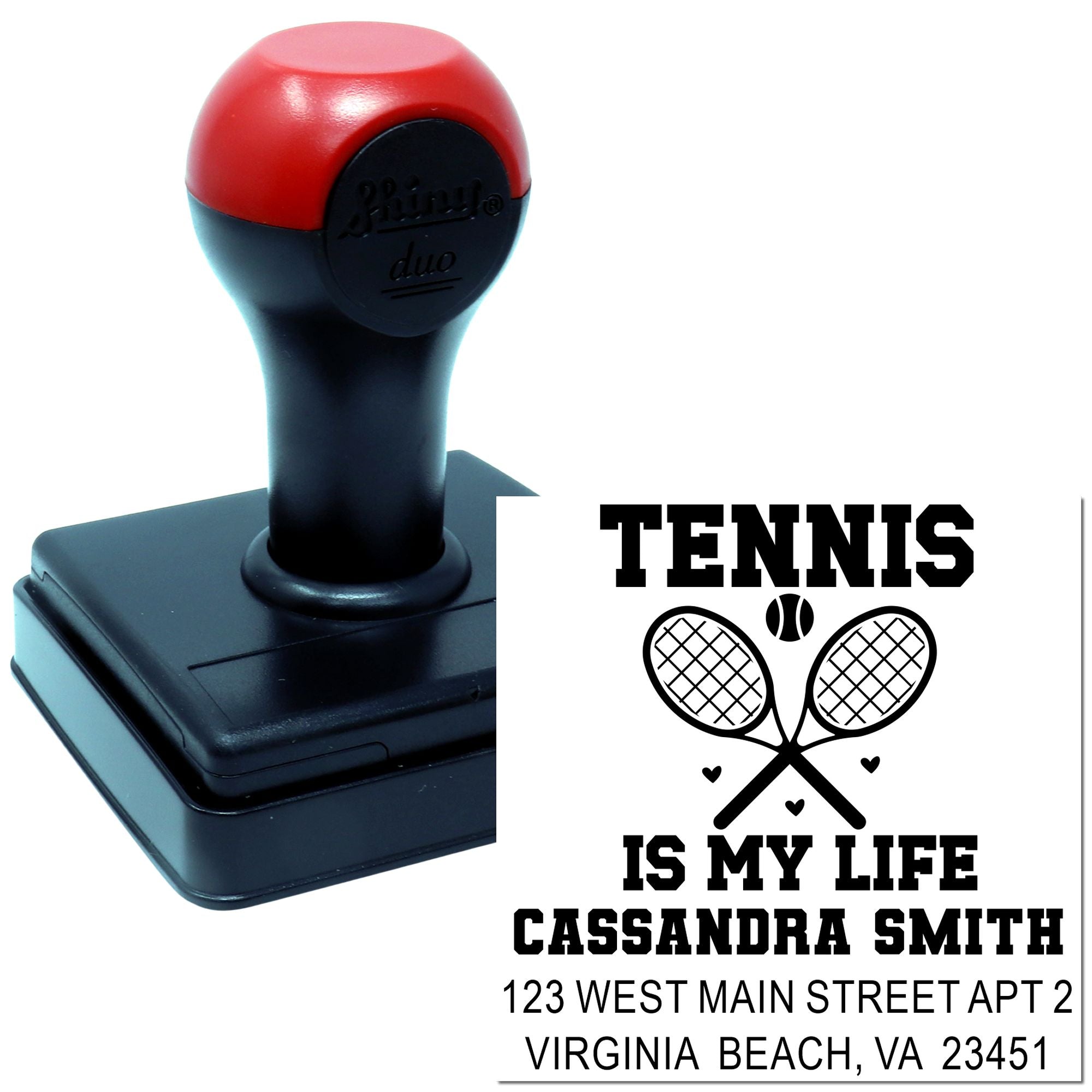 Custom self-inking tennis address rubber stamp with crossed rackets for personalized stationery and mail.