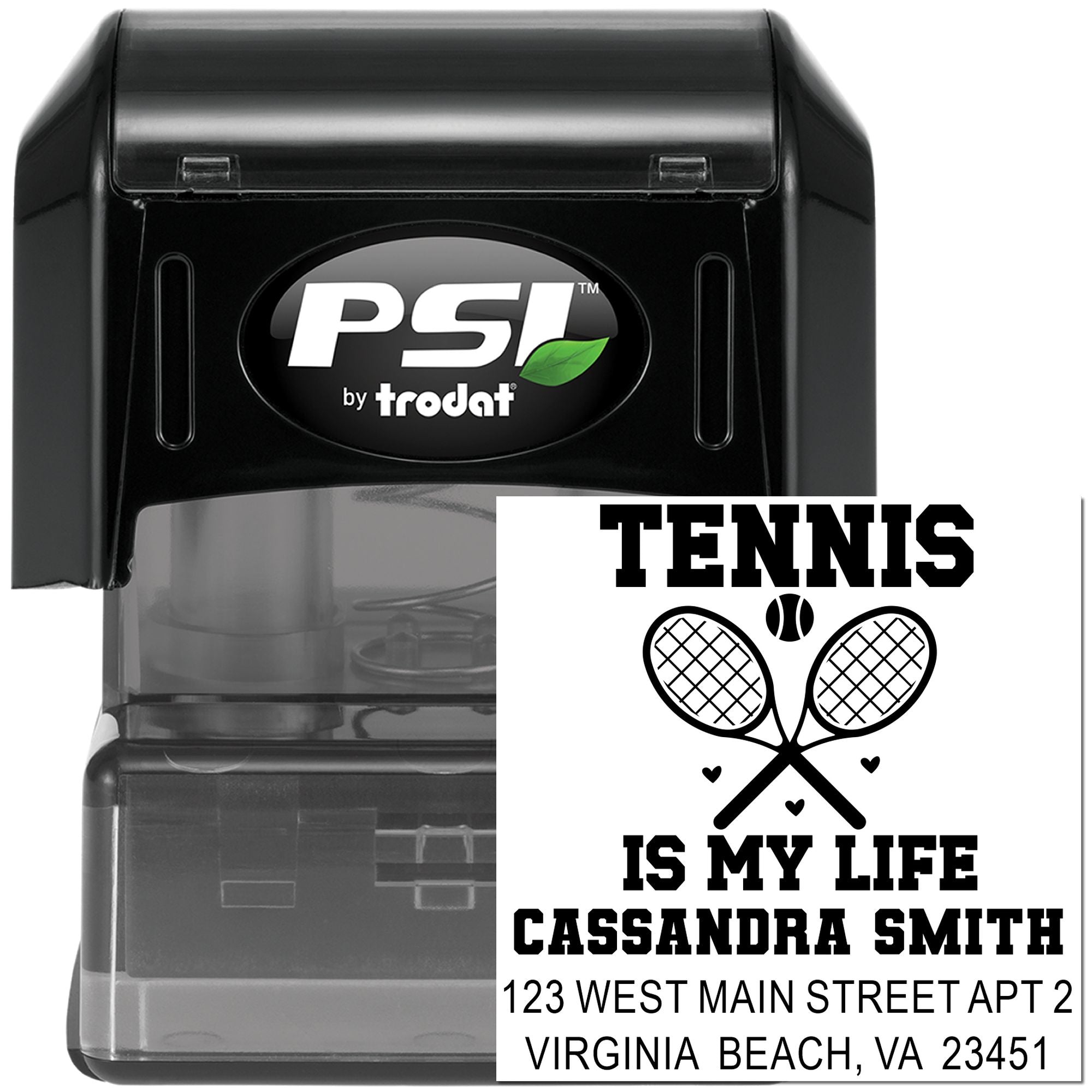 Self-inking tennis rubber stamp by PSI Trodat with crossed rackets, personalized name, and address imprint.