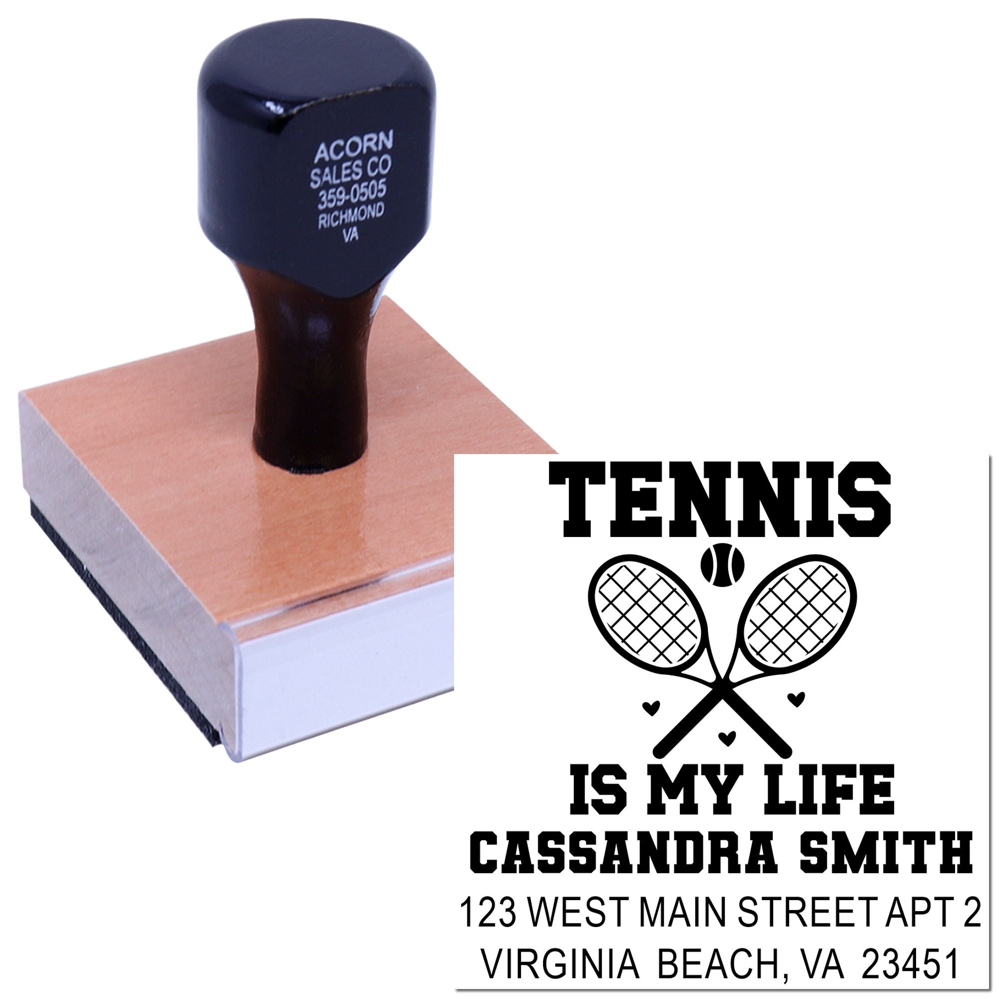 Custom tennis address rubber stamp with crossed rackets and personalized name and address.