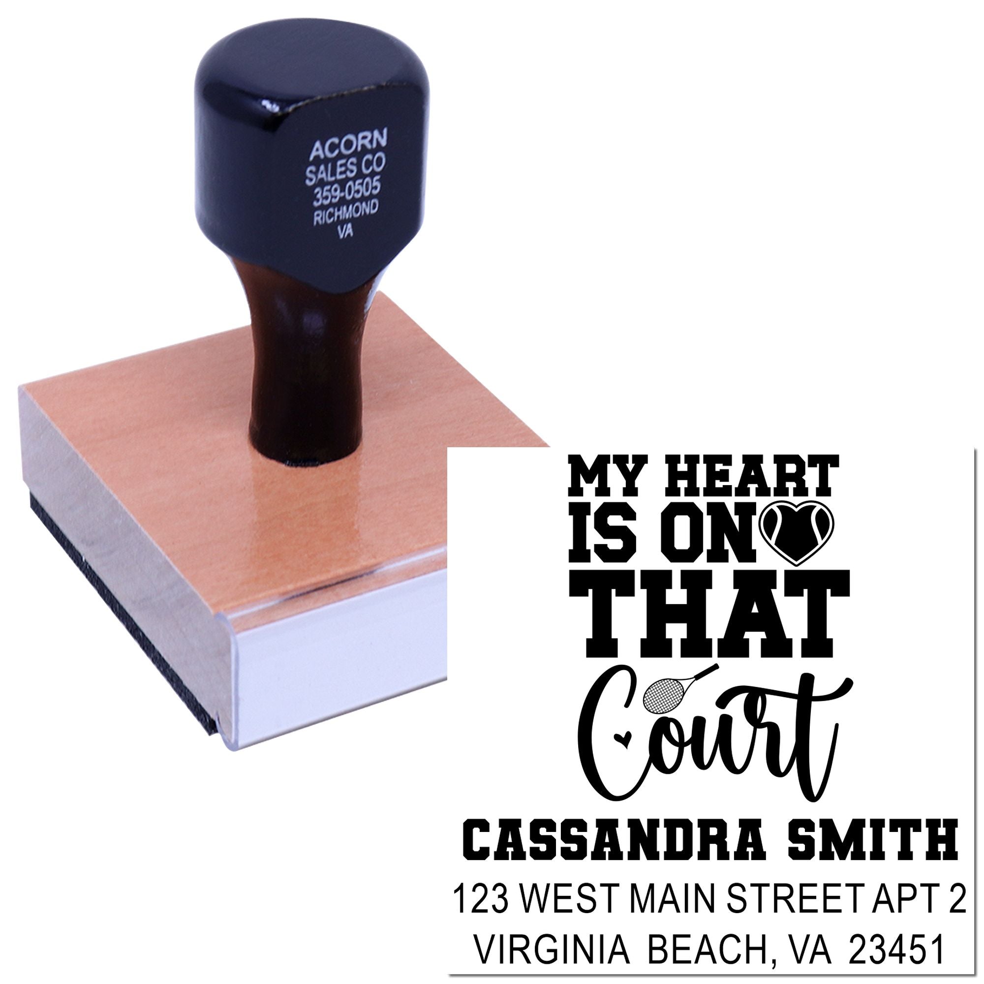 Custom rubber stamp for tennis fans with personalized My Heart Is on That Court address design and sample imprint