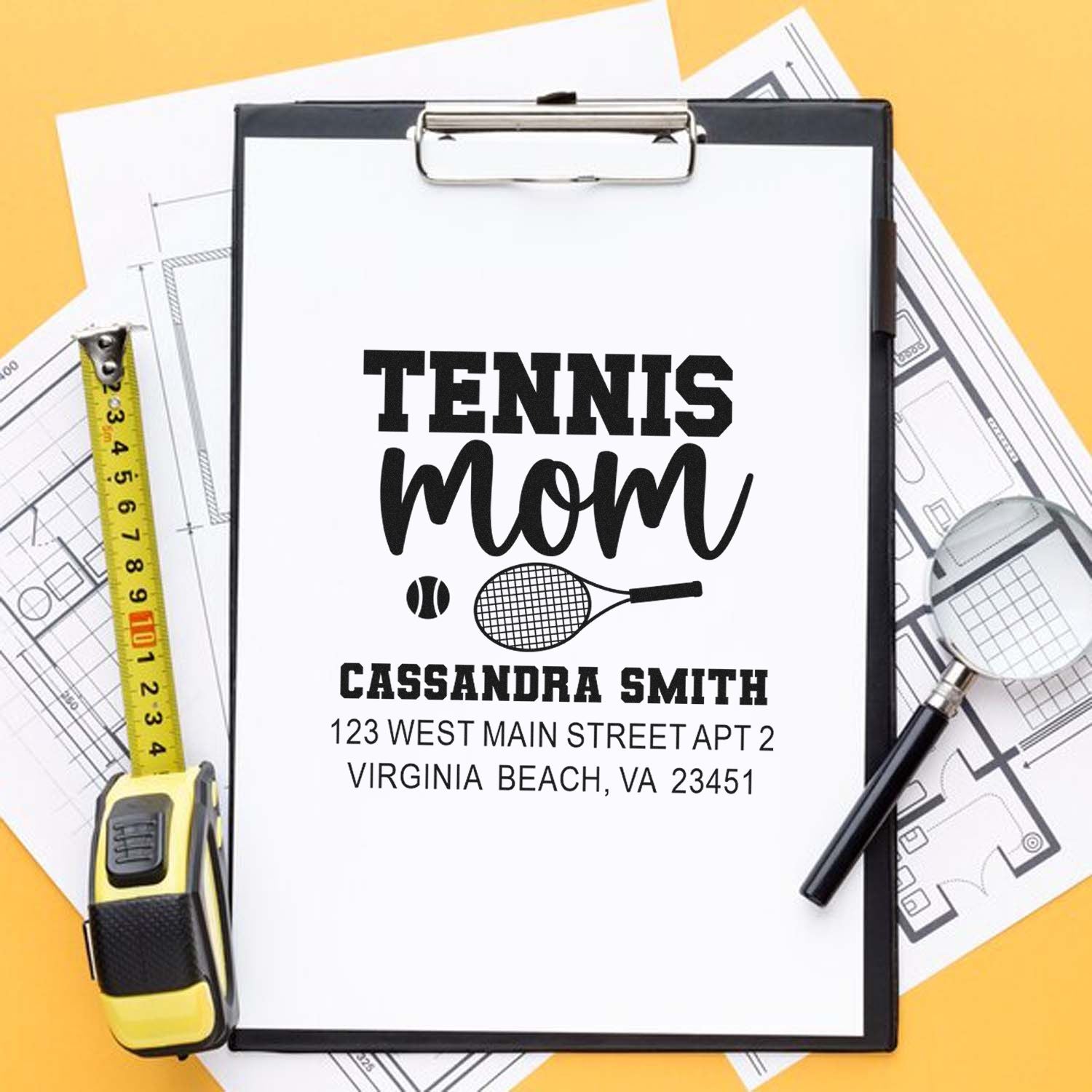 Personalized tennis mom return address rubber stamp with custom name, address, and tennis graphic for mail and stationery.