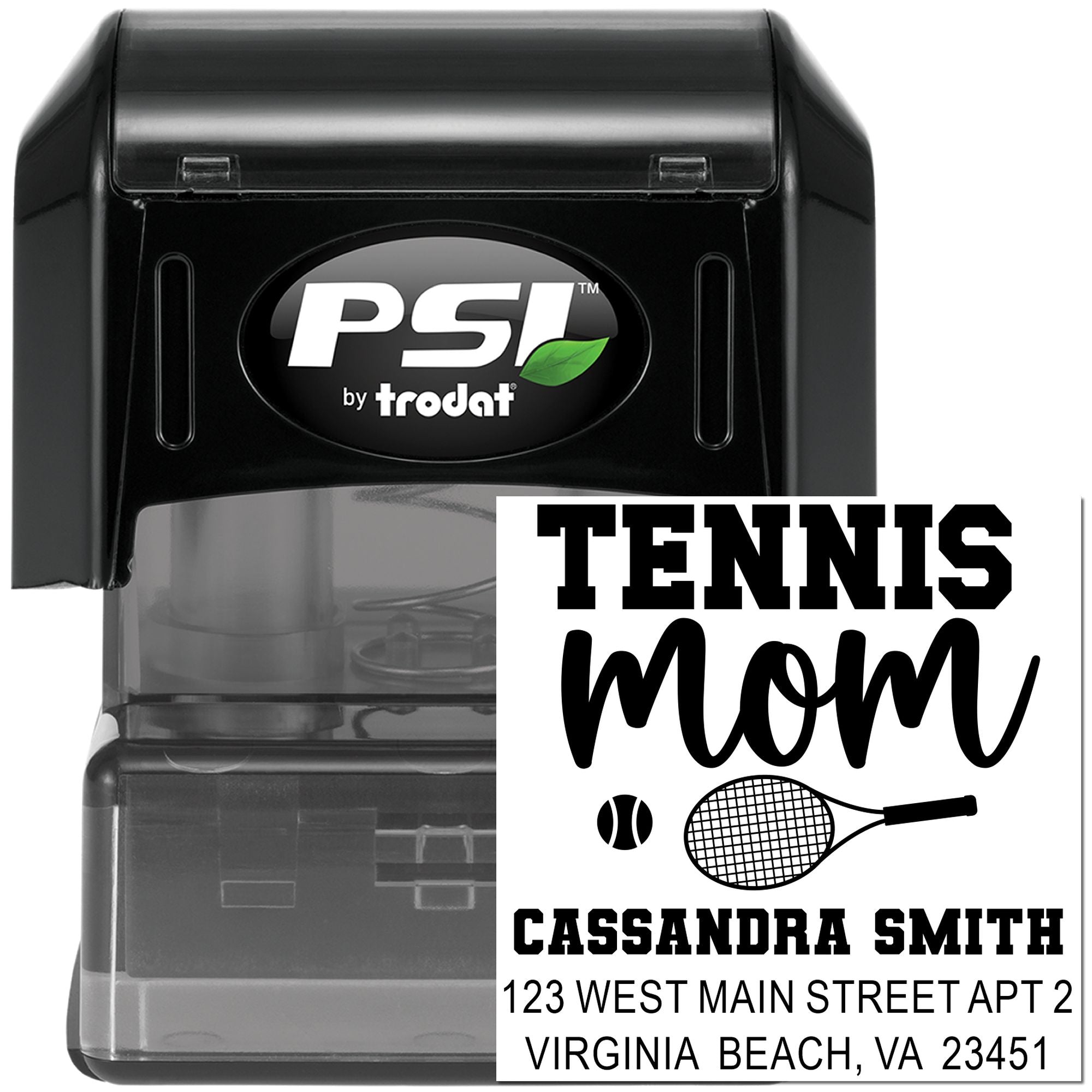 Custom self-inking rubber stamp by PSI by Trodat with Tennis Mom return address design for personalized address stamping.