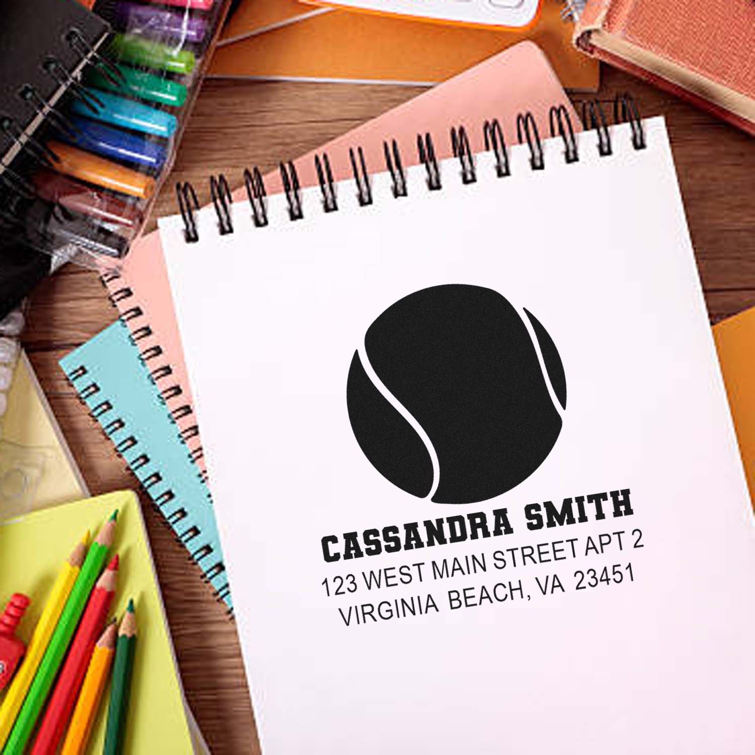 Custom tennis return address rubber stamp for Cassandra Smith, ideal for personal stationery, invitations, and mailing labels.