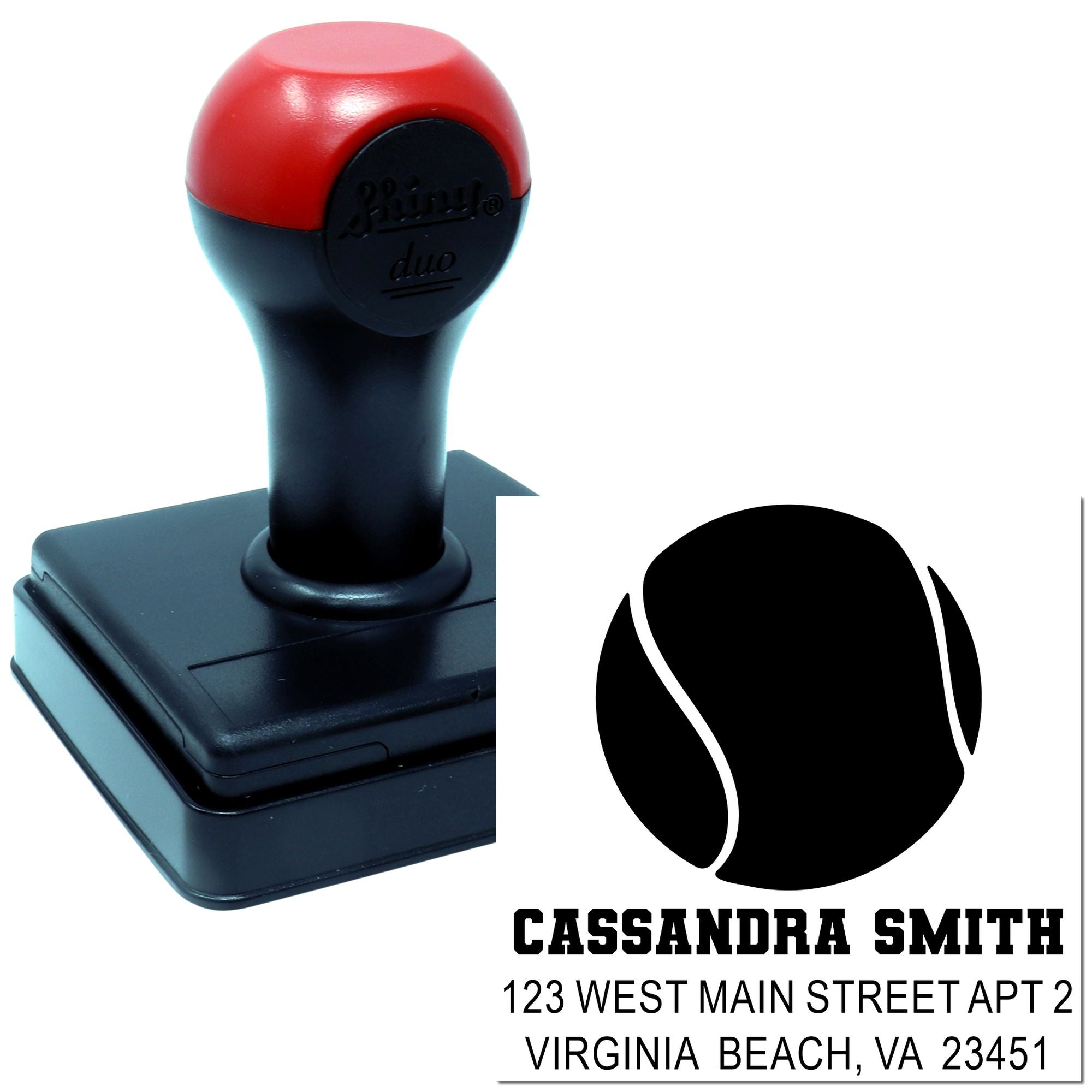 Custom self-inking rubber stamp with personalized name and address imprint for mailing and business use.