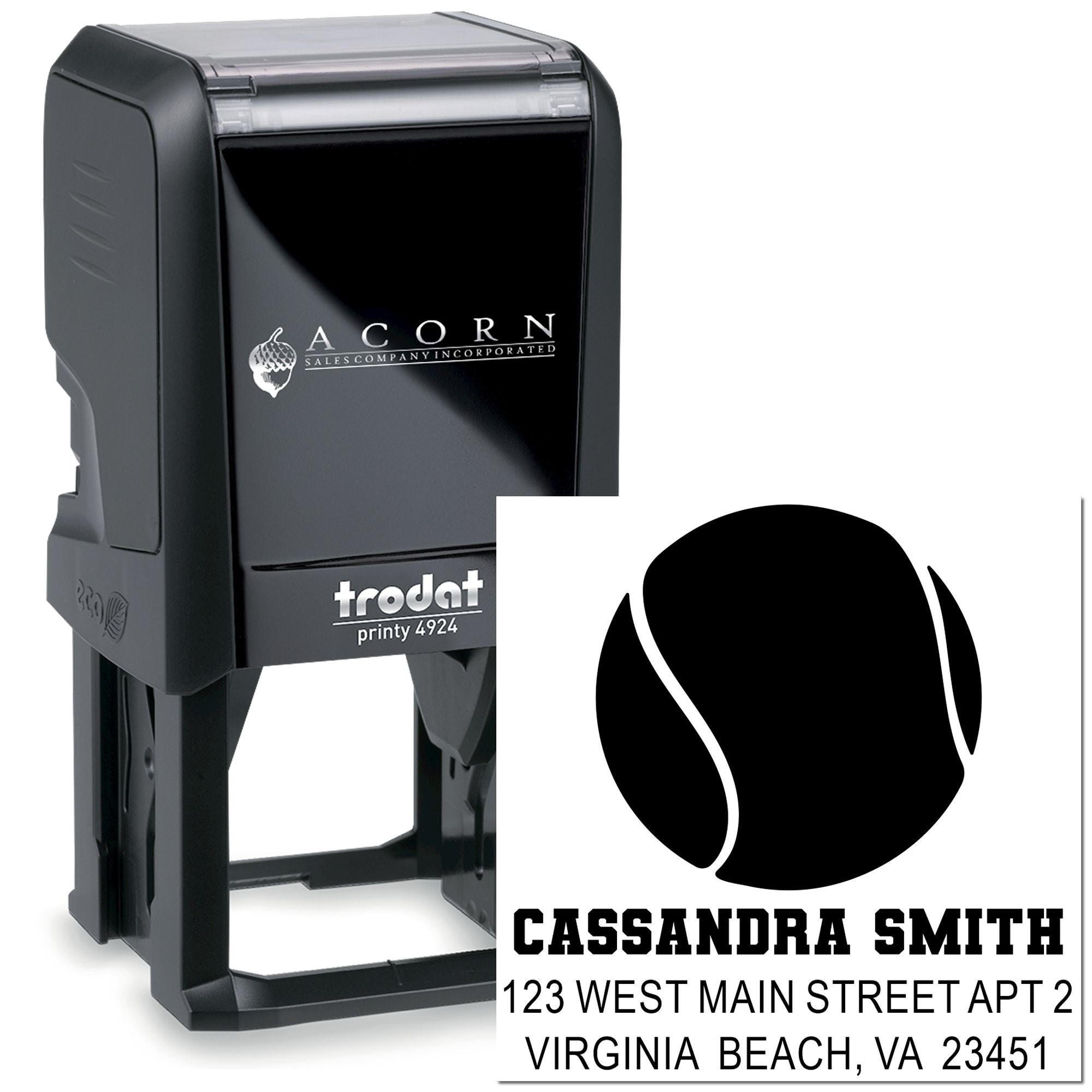 Custom self-inking rubber stamp with logo and address imprint for business branding, return mail, and office use.