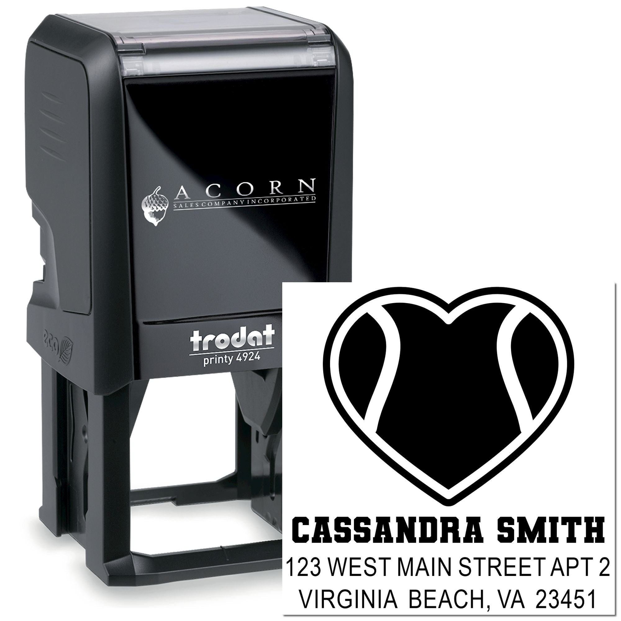 Custom self-inking return address rubber stamp with heart logo and name, shown on Trodat Printy 4924 style stamp.