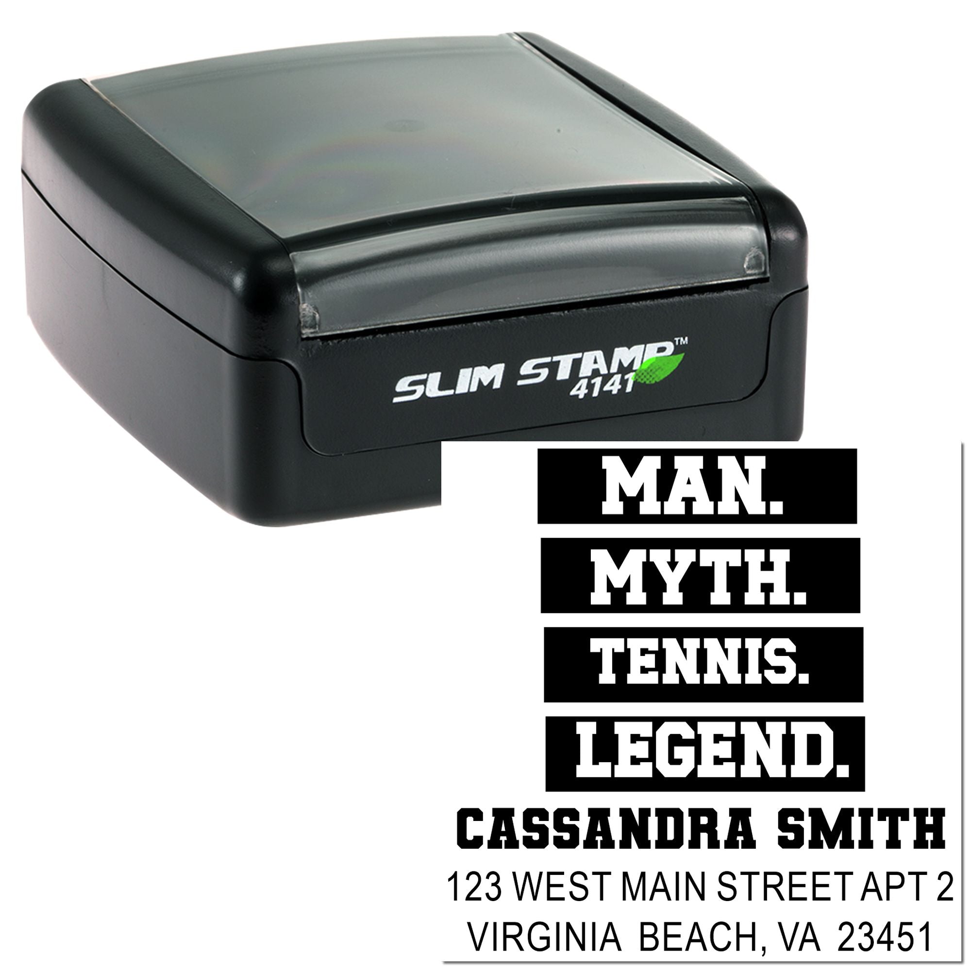 Custom self-inking Slim Stamp 4141 for personalized return address and tennis legend design.